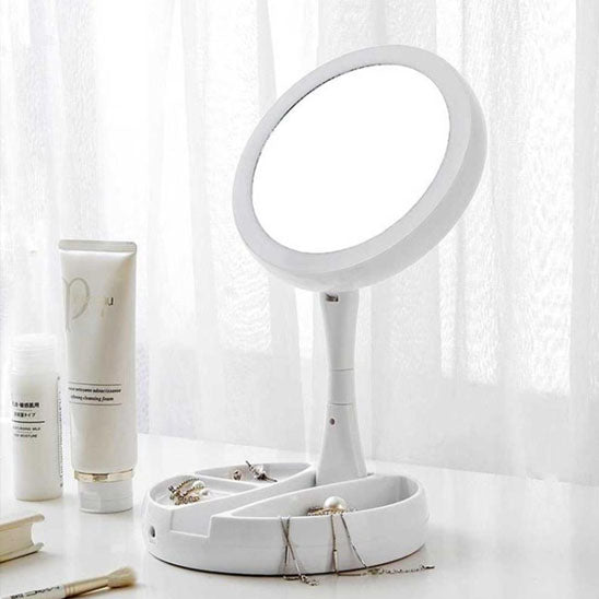 Makeup Mirror with Light – LED Vanity Mirror, 3 Light Modes, USB Charging, 360° Rotation & Storage Base