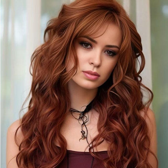 13X4 Ginger Synthetic Lace Front Wig – Long Wavy Black Hair Cosplay Wig for Women, Glueless & Heat Resistant