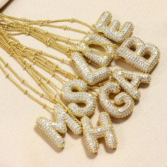 MHS.SUN Gold Plated Balloon 26 Letter Necklaces Copper Zircon Bubble Initial Pendant Chunky Women Personality Chain Jewelry