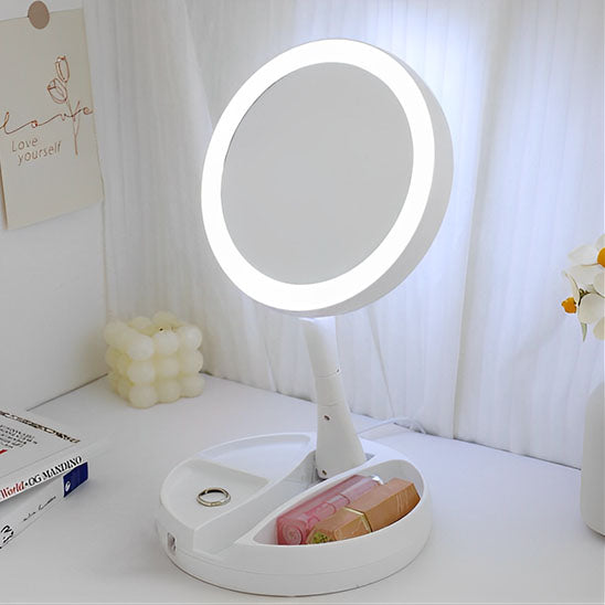 Makeup Mirror with Light – LED Vanity Mirror, 3 Light Modes, USB Charging, 360° Rotation & Storage Base