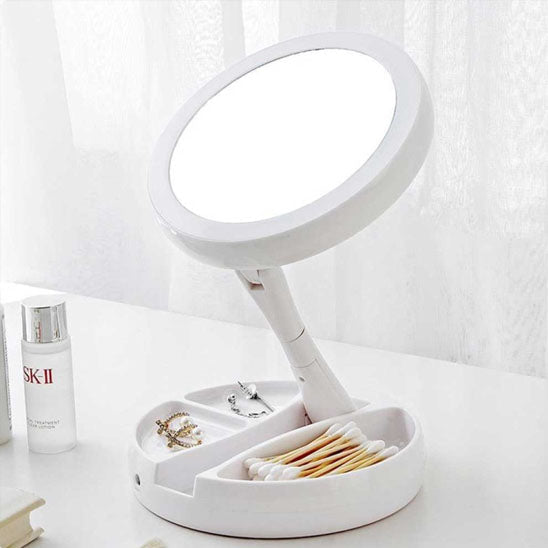 Makeup Mirror with Light – LED Vanity Mirror, 3 Light Modes, USB Charging, 360° Rotation & Storage Base