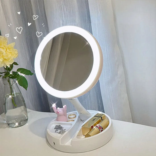 Makeup Mirror with Light – LED Vanity Mirror, 3 Light Modes, USB Charging, 360° Rotation & Storage Base