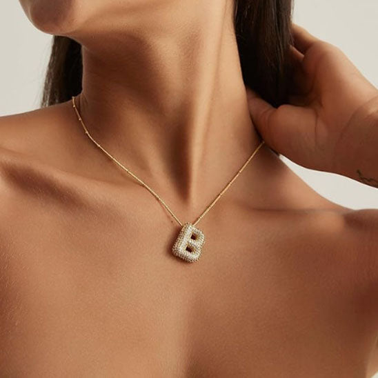 MHS.SUN Gold Plated Balloon 26 Letter Necklaces Copper Zircon Bubble Initial Pendant Chunky Women Personality Chain Jewelry