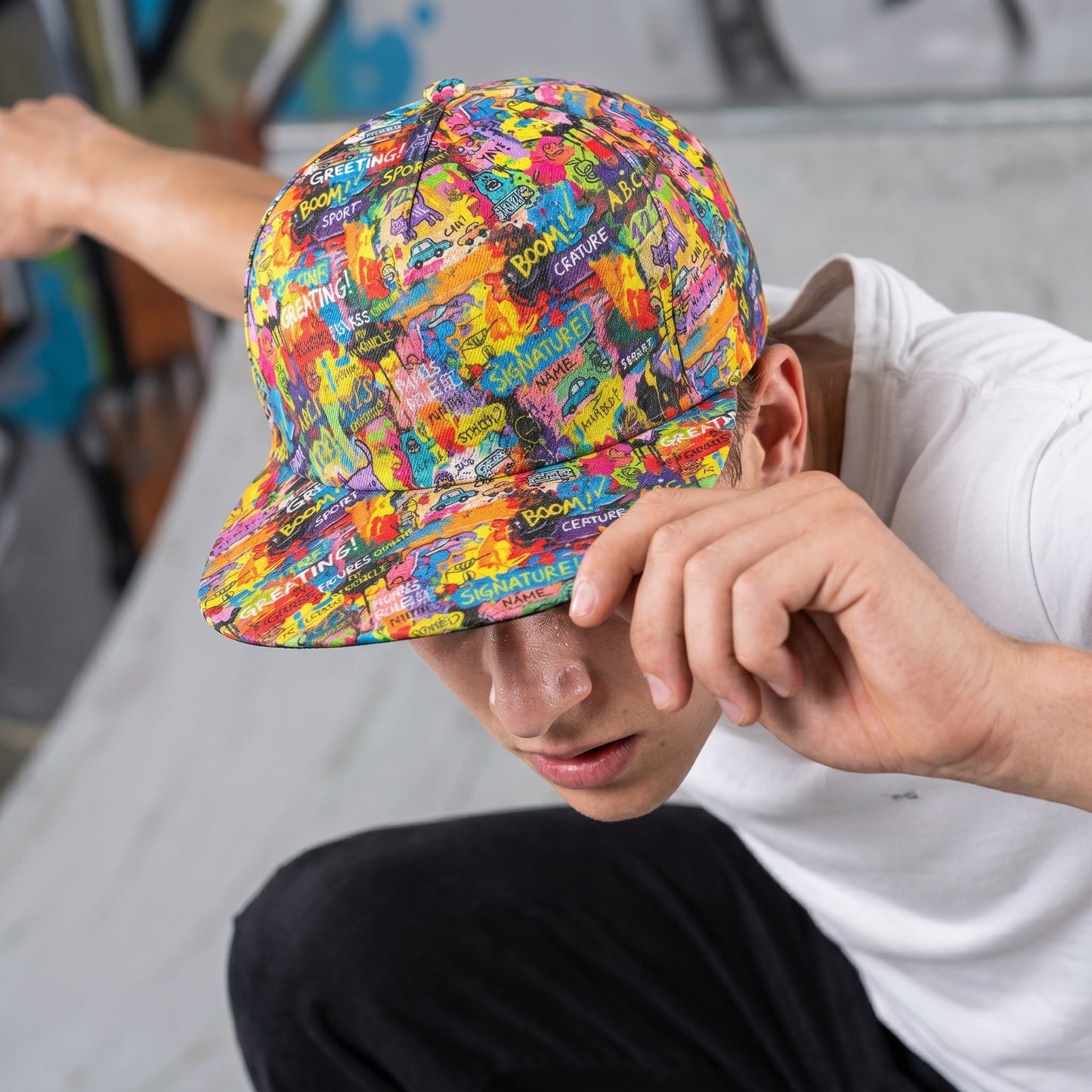 Indie Sleaze Collage AOP Flat Brim Cap | All-Over Print Snapback Streetwear Hat for Y2K Revival, Alt-Fashion & Festival Crowd