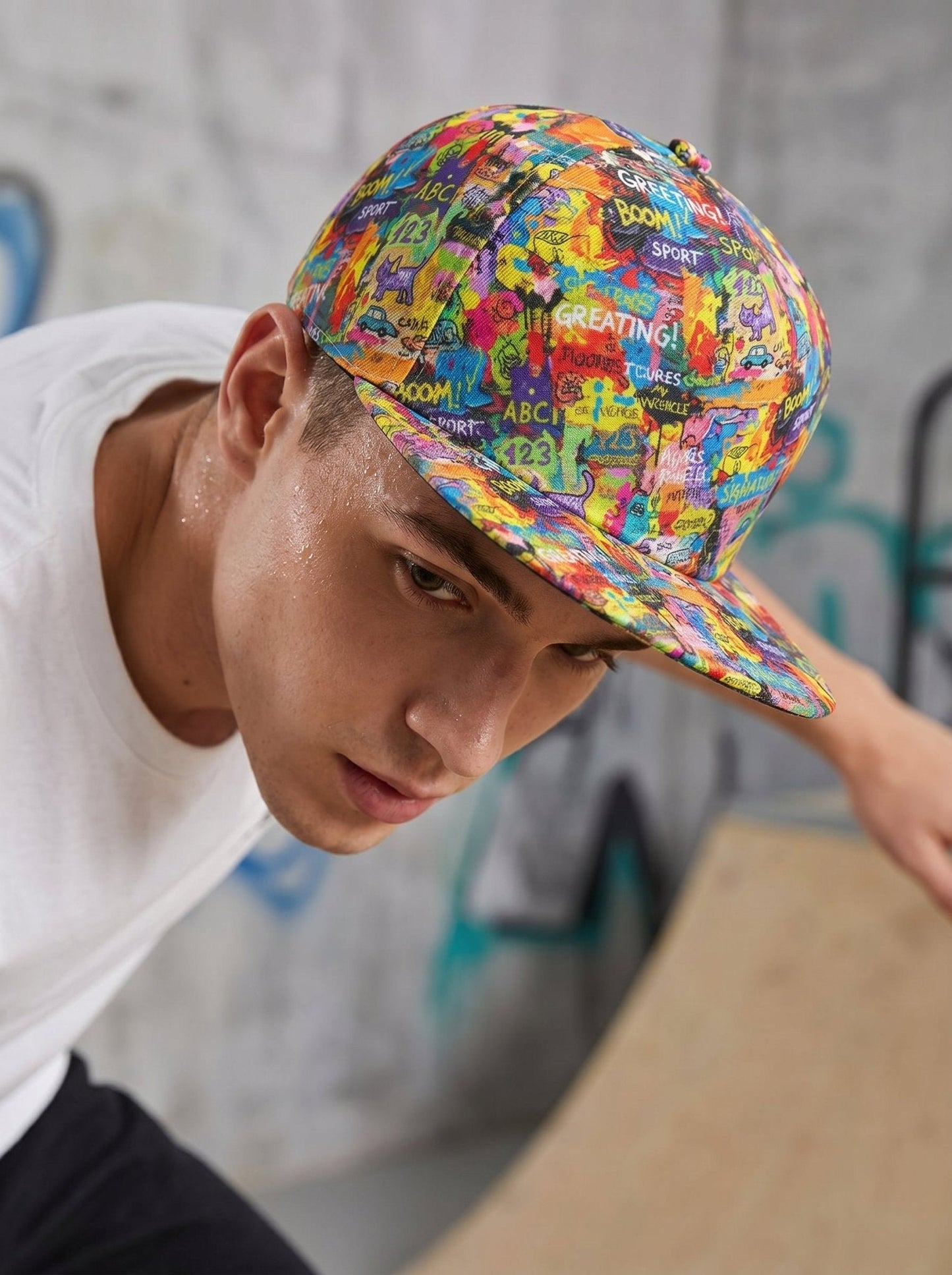 Indie Sleaze Collage AOP Flat Brim Cap | All-Over Print Snapback Streetwear Hat for Y2K Revival, Alt-Fashion & Festival Crowd
