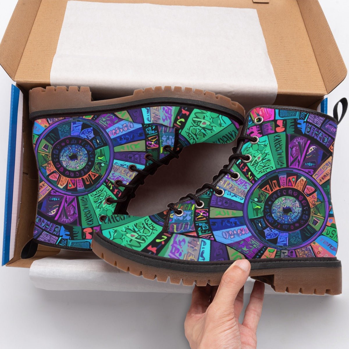 Indigo Garden Martin Boots — Blue & Violet Folk Floral AOP Combat Boots, Statement Festival Footwear