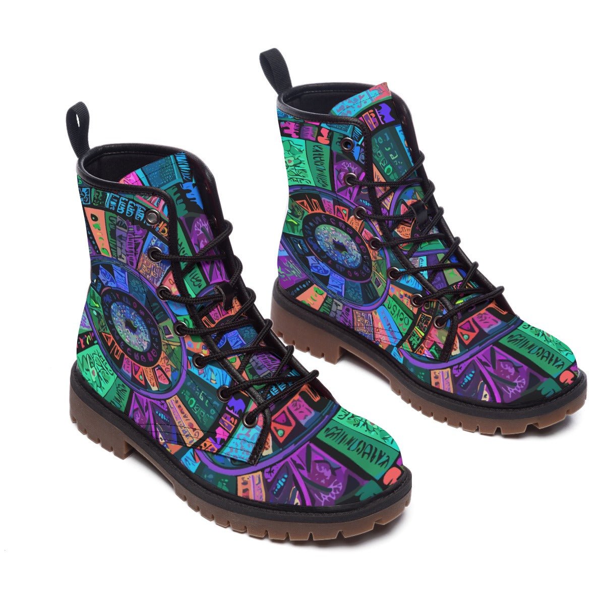 Indigo Garden Martin Boots — Blue & Violet Folk Floral AOP Combat Boots, Statement Festival Footwear