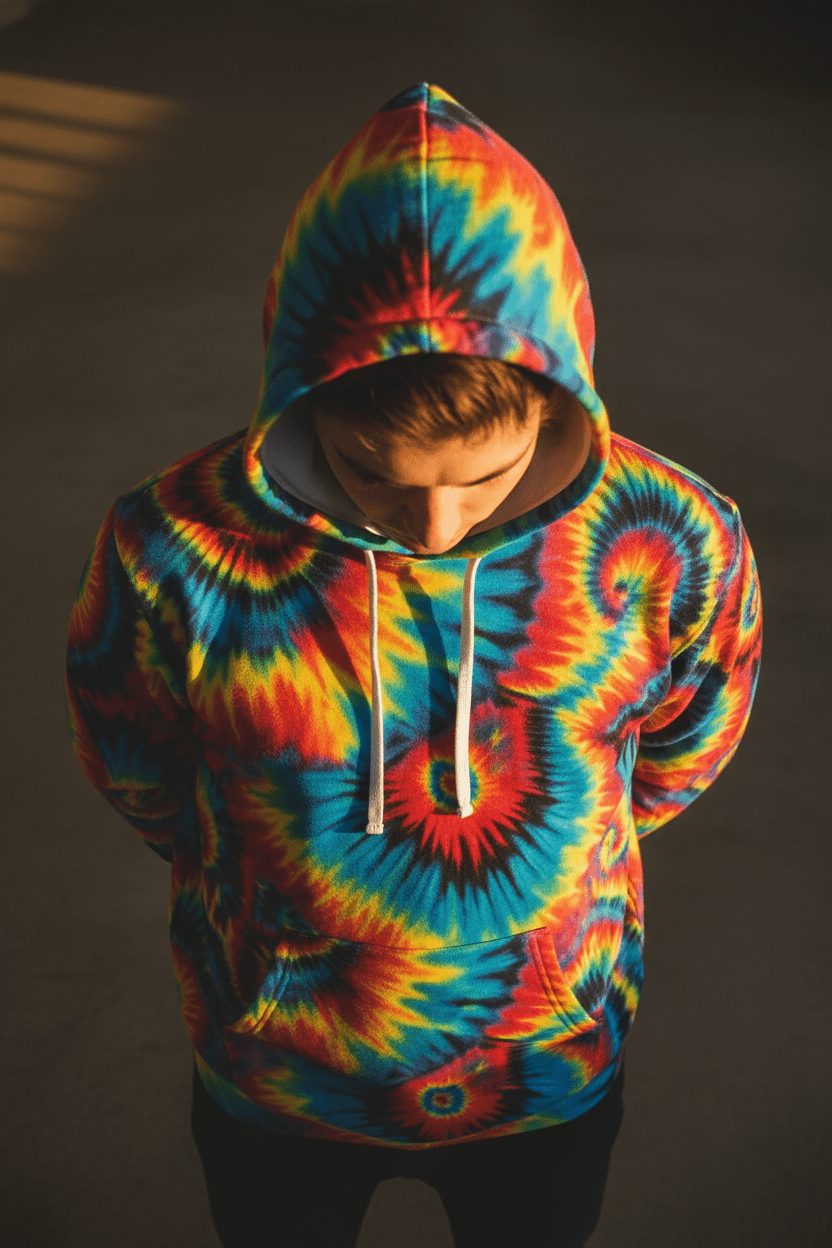 Inferno Vortex Tie-Dye AOP Hoodie for Psychedelic Streetwear Collectors — Spiral Rainbow All-Over Print, 95% Poly-Spandex