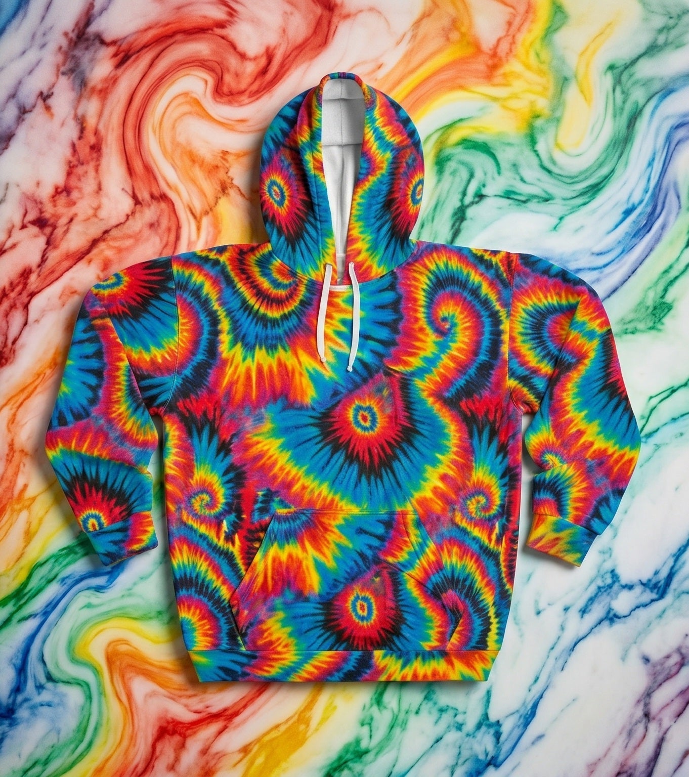 Inferno Vortex Tie-Dye AOP Hoodie for Psychedelic Streetwear Collectors — Spiral Rainbow All-Over Print, 95% Poly-Spandex