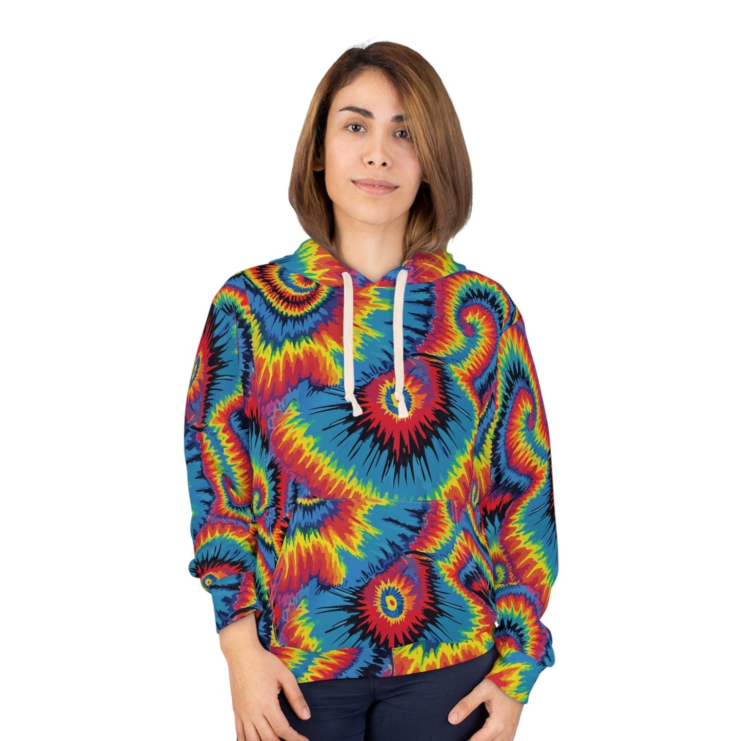 Inferno Vortex Tie-Dye AOP Hoodie for Psychedelic Streetwear Collectors — Spiral Rainbow All-Over Print, 95% Poly-Spandex