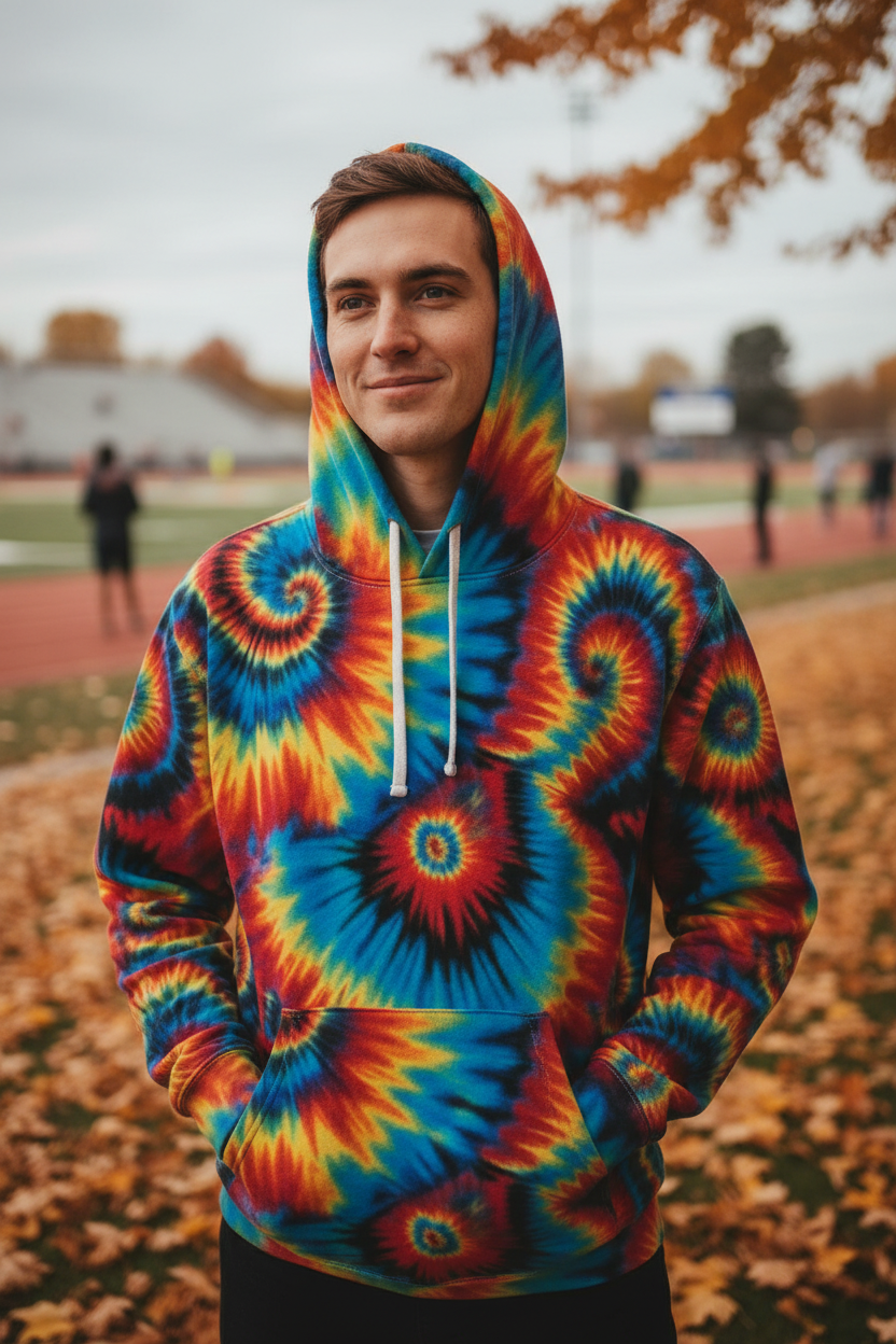 Inferno Vortex Tie-Dye AOP Hoodie for Psychedelic Streetwear Collectors — Spiral Rainbow All-Over Print, 95% Poly-Spandex