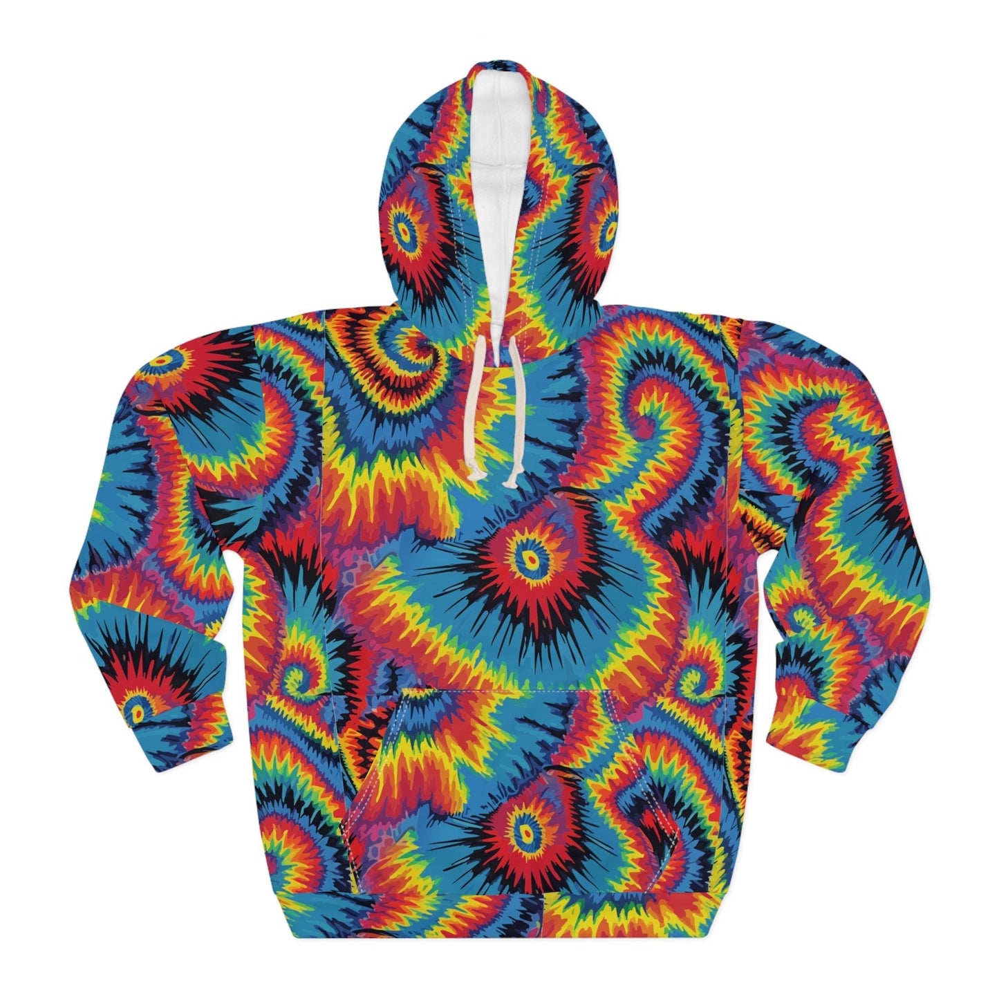 Inferno Vortex Tie-Dye AOP Hoodie for Psychedelic Streetwear Collectors — Spiral Rainbow All-Over Print, 95% Poly-Spandex