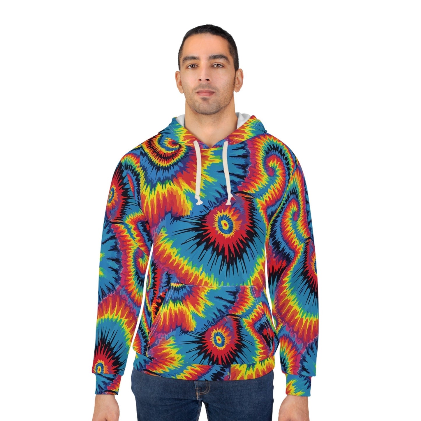 Inferno Vortex Tie-Dye AOP Hoodie for Psychedelic Streetwear Collectors — Spiral Rainbow All-Over Print, 95% Poly-Spandex