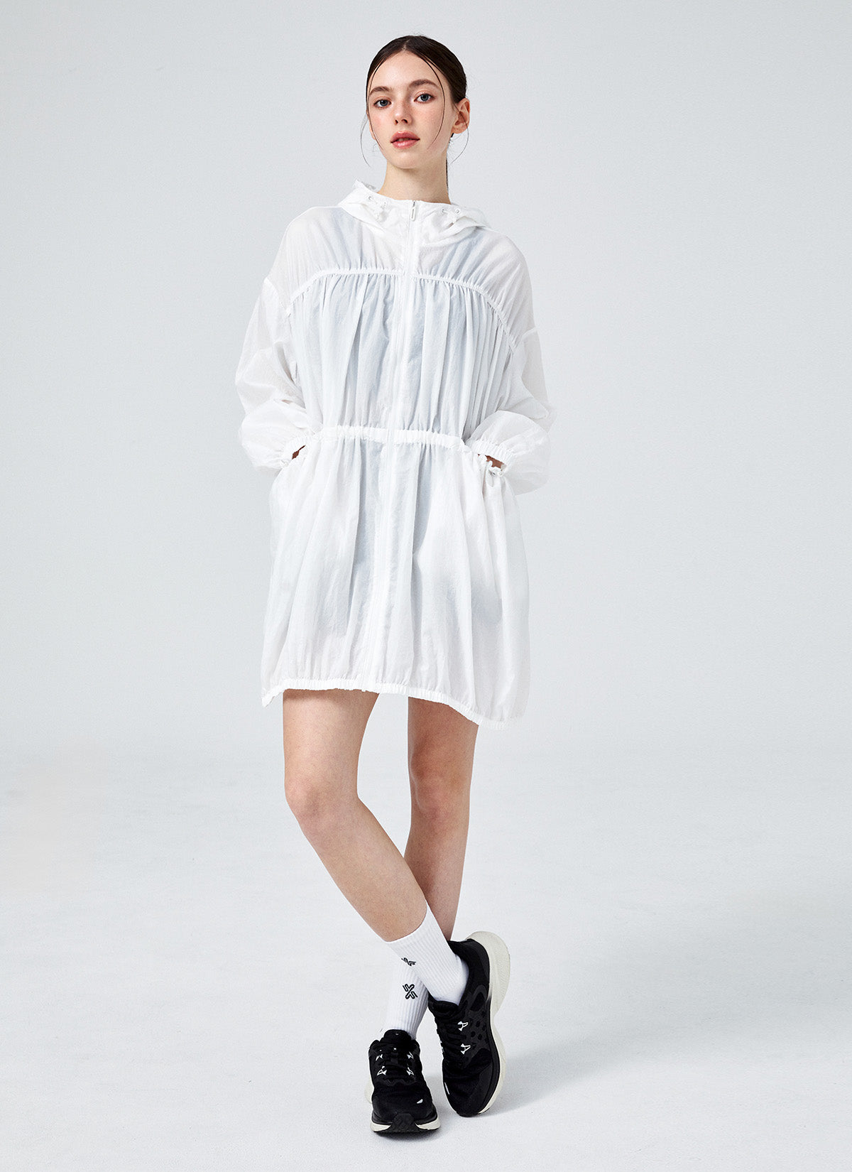 Airy Balloon Shirring Hood Long Jacket