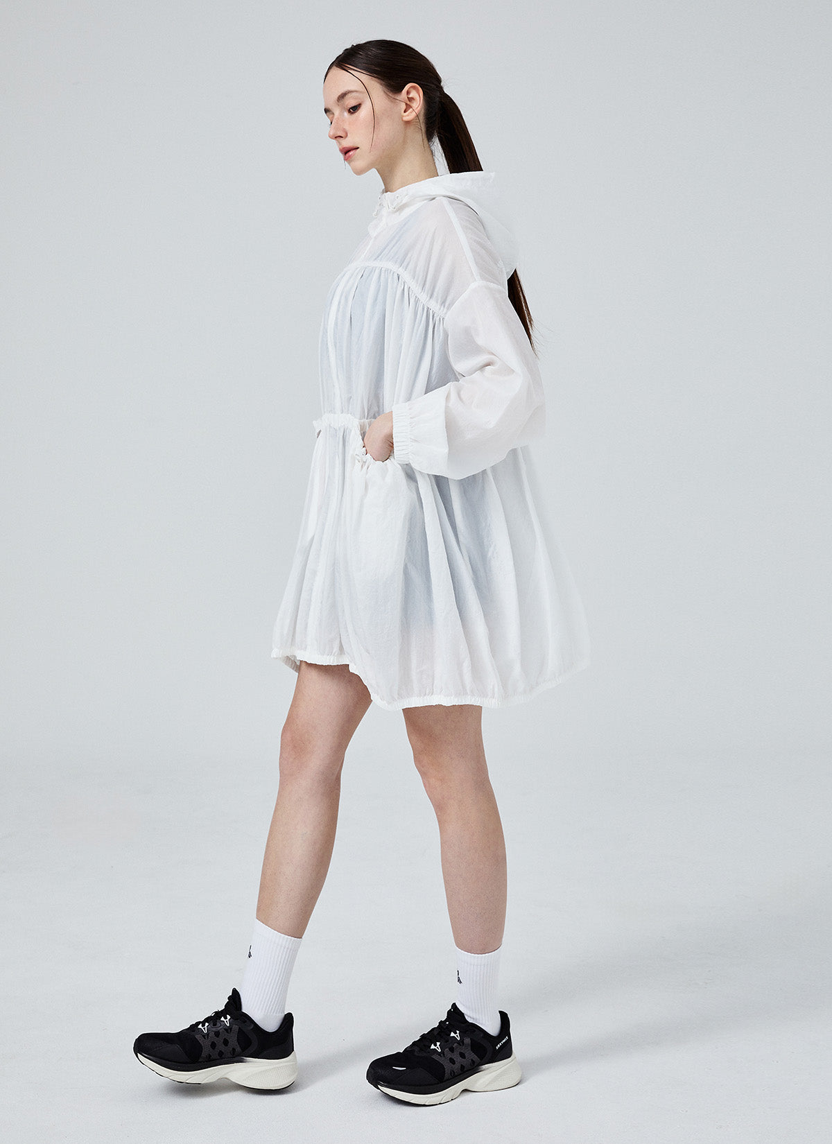 Airy Balloon Shirring Hood Long Jacket