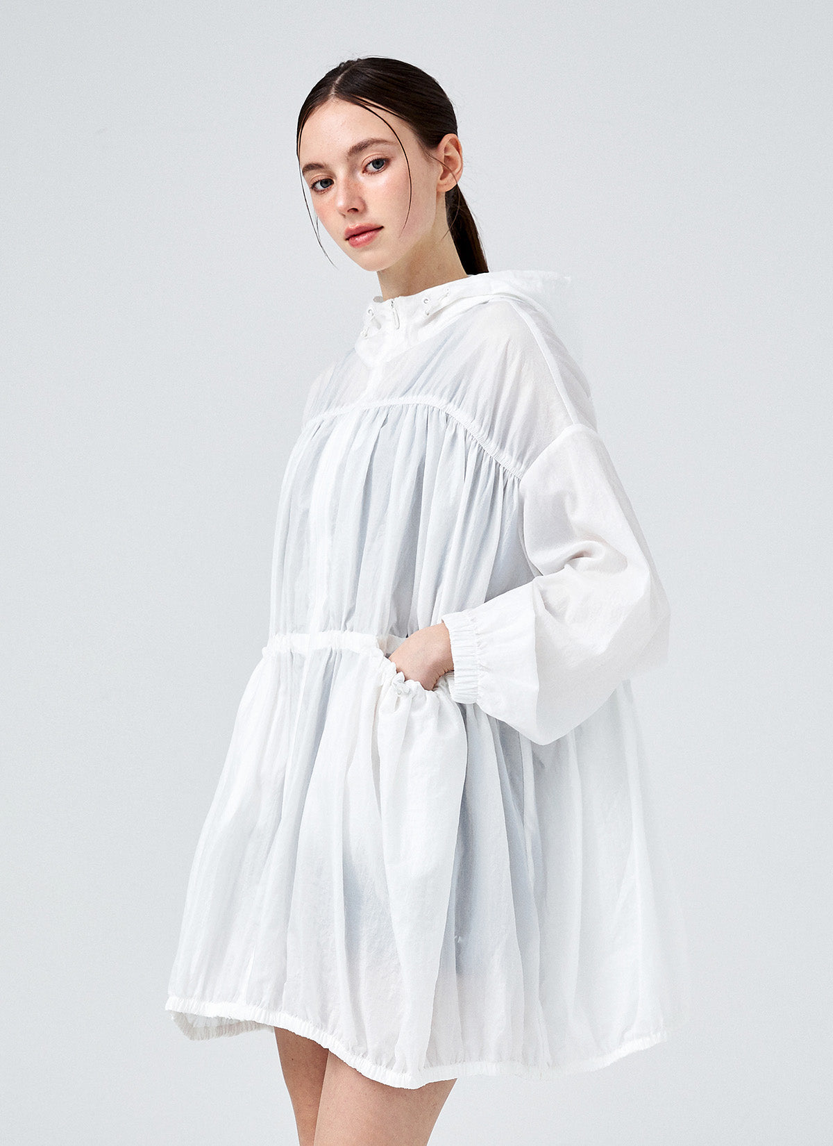 Airy Balloon Shirring Hood Long Jacket