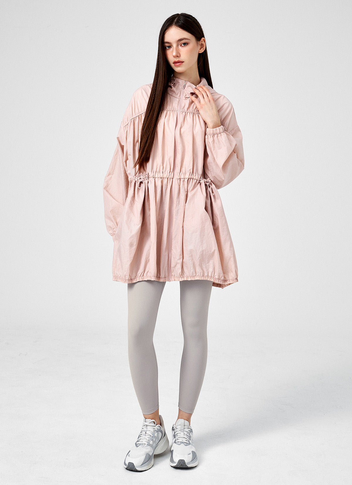 Airy Balloon Shirring Hood Long Jacket