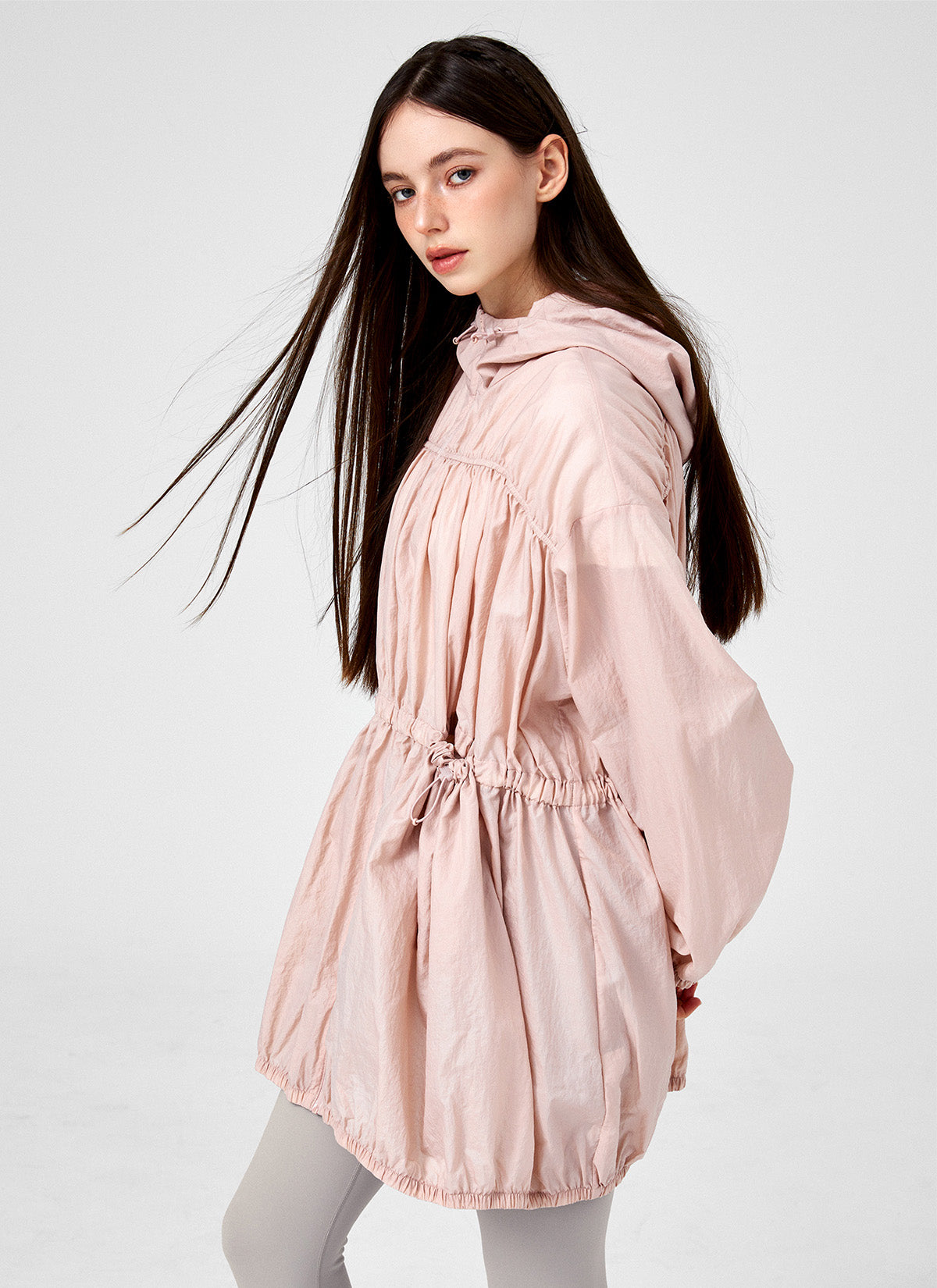 Airy Balloon Shirring Hood Long Jacket