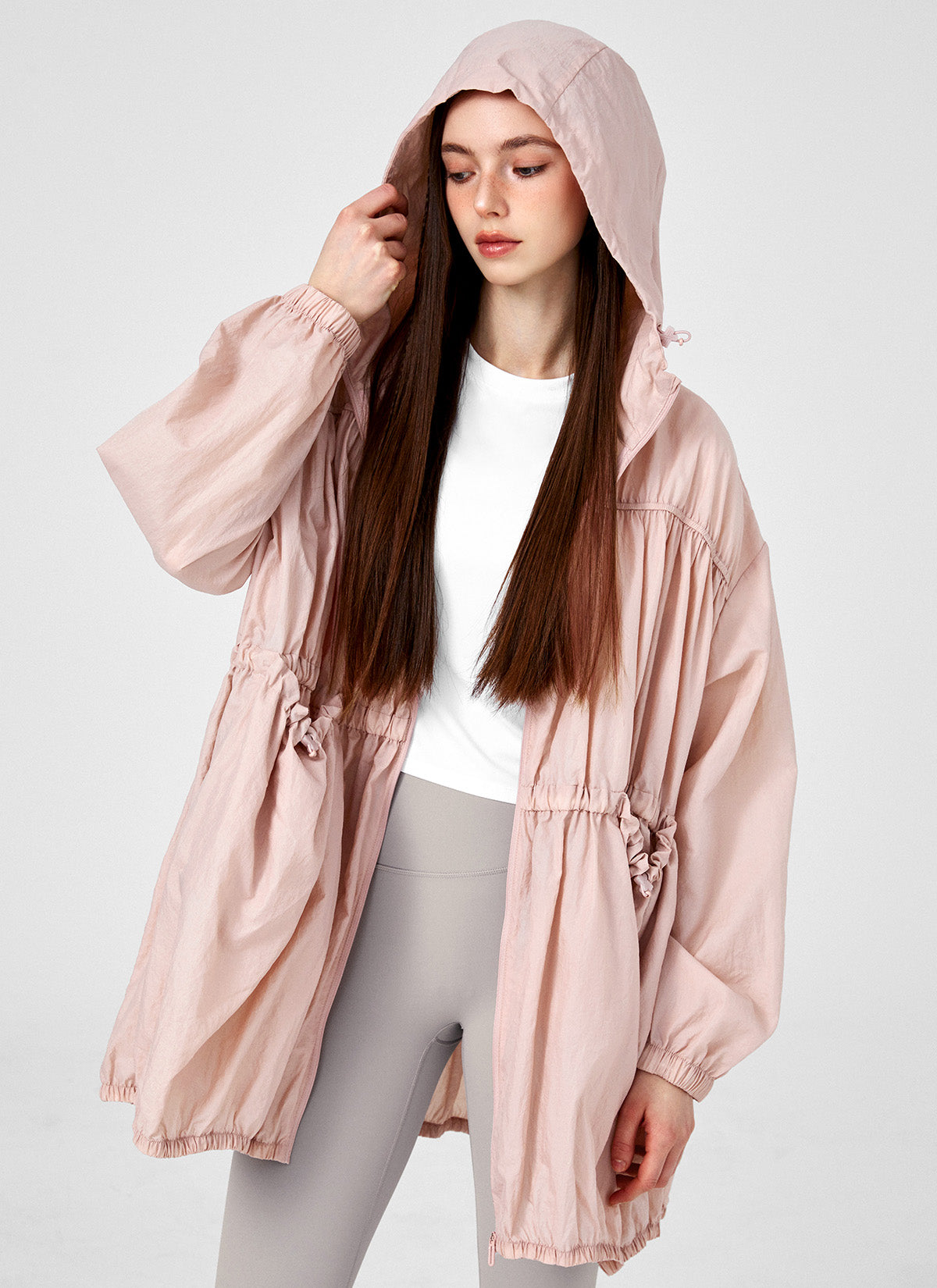 Airy Balloon Shirring Hood Long Jacket