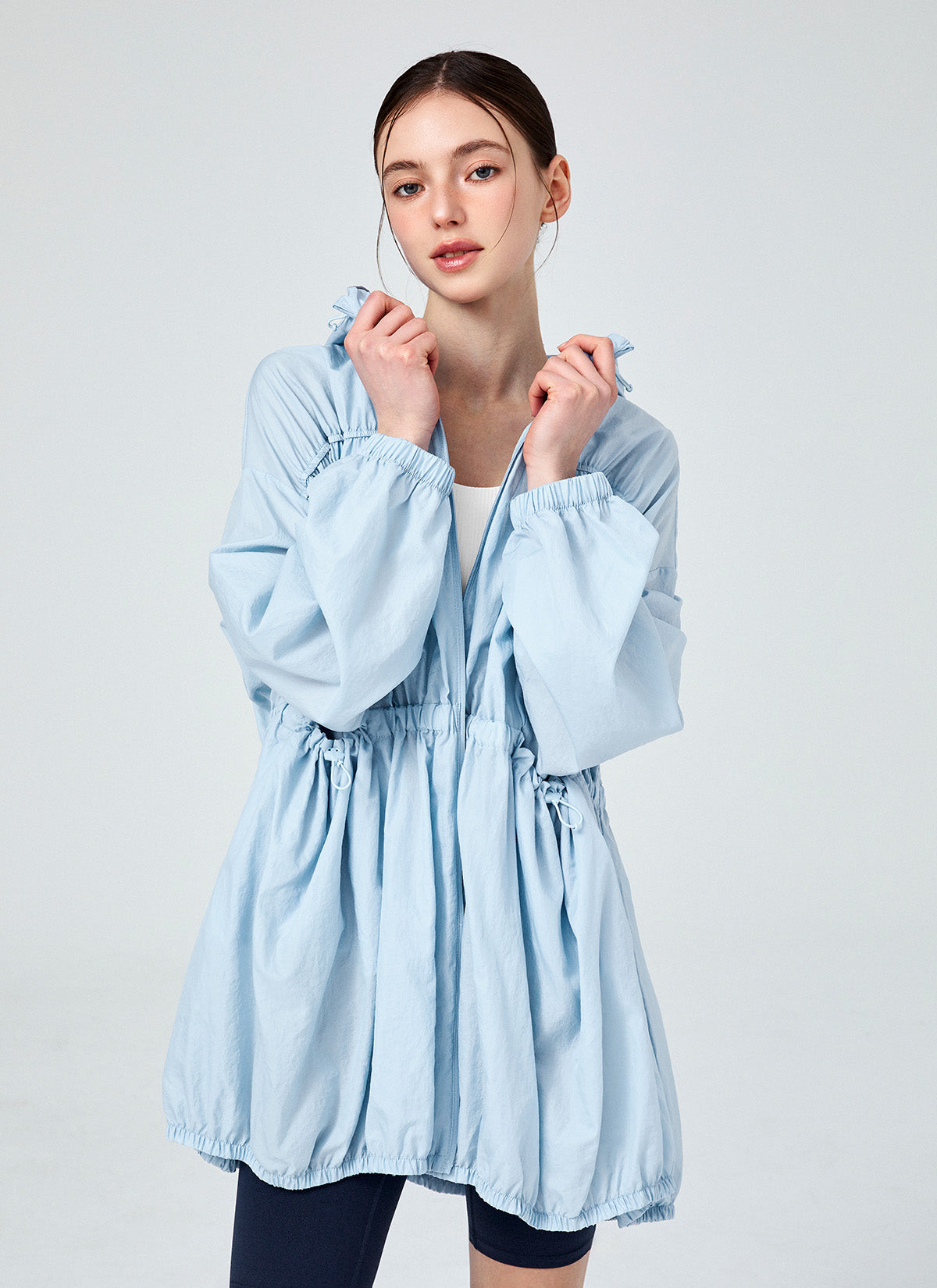 Airy Balloon Shirring Hood Long Jacket