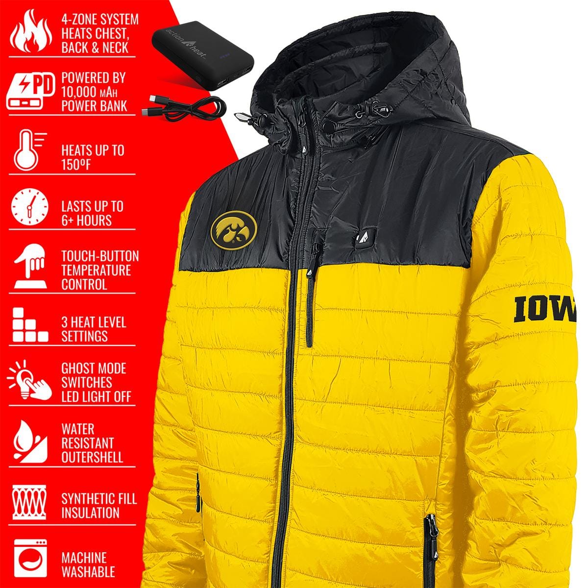 ActionHeat Iowa Hawkeyes 5V Men's Colorblock Puffer Battery Heated Jacket