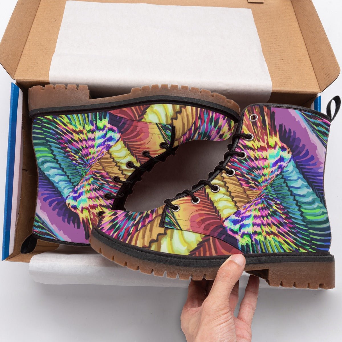 Kaleido Bloom Martin Boots — Rainbow Mandala Floral AOP Combat Boots, Wearable Art Footwear