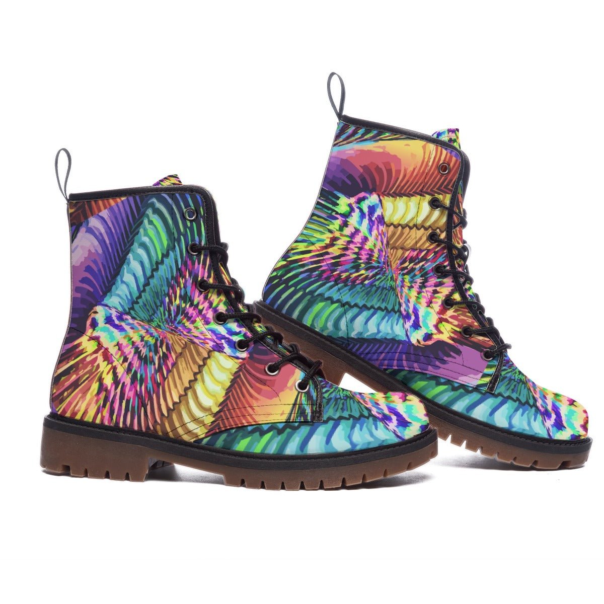 Kaleido Bloom Martin Boots — Rainbow Mandala Floral AOP Combat Boots, Wearable Art Footwear