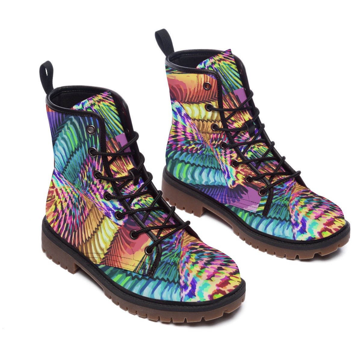Kaleido Bloom Martin Boots — Rainbow Mandala Floral AOP Combat Boots, Wearable Art Footwear