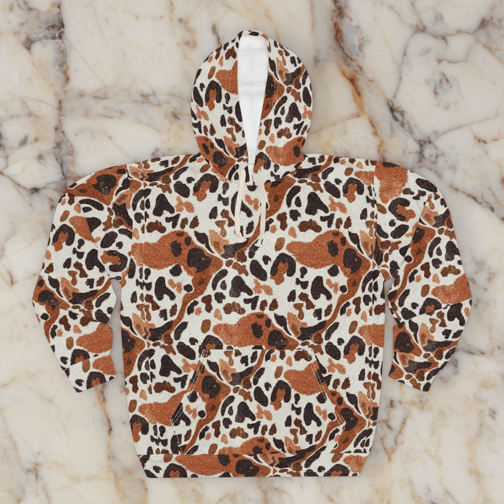 Leopard Spot AOP Hoodie for Animal Print Maximalists — Brown Cream Wild Print Pullover, Autumn Street Style Statement, Cozy Unisex Gift for Her or Him