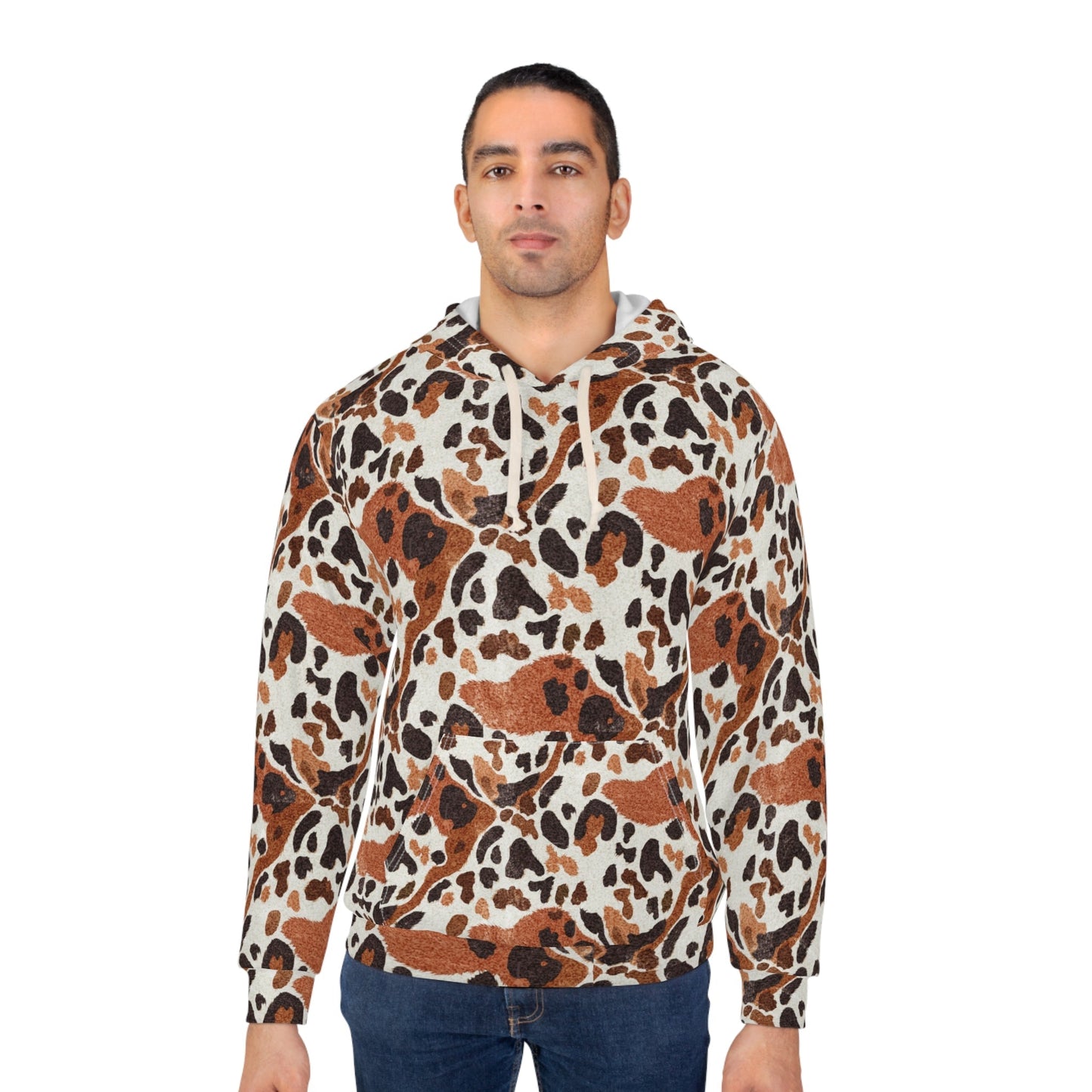 Leopard Spot AOP Pullover Hoodie for Wild Street Style Dressers — Brown Cream Animal Print, 250gsm Poly Cut-and-Sewn