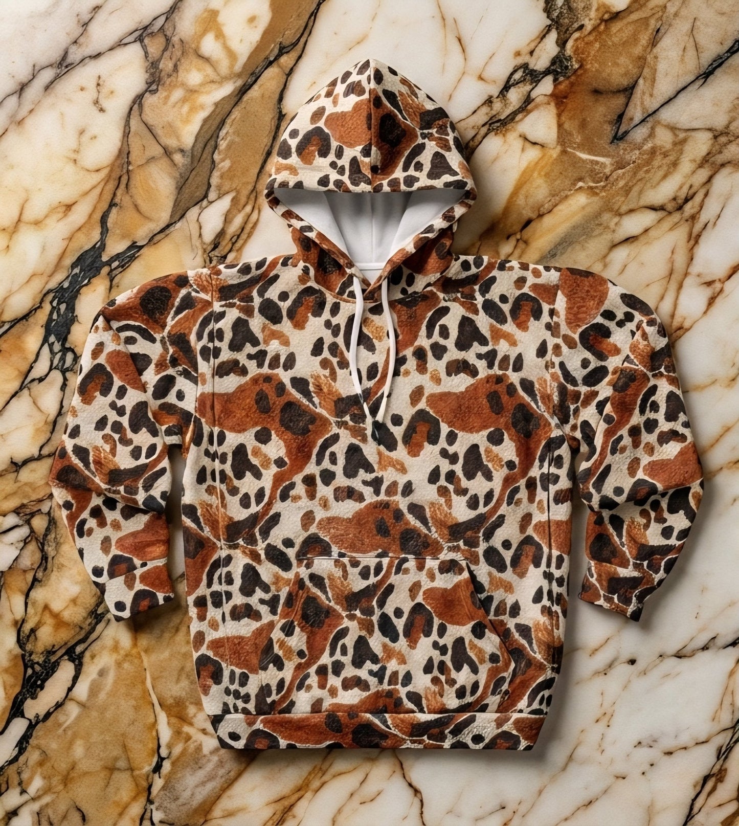 Leopard Spot AOP Pullover Hoodie for Wild Street Style Dressers — Brown Cream Animal Print, 250gsm Poly Cut-and-Sewn