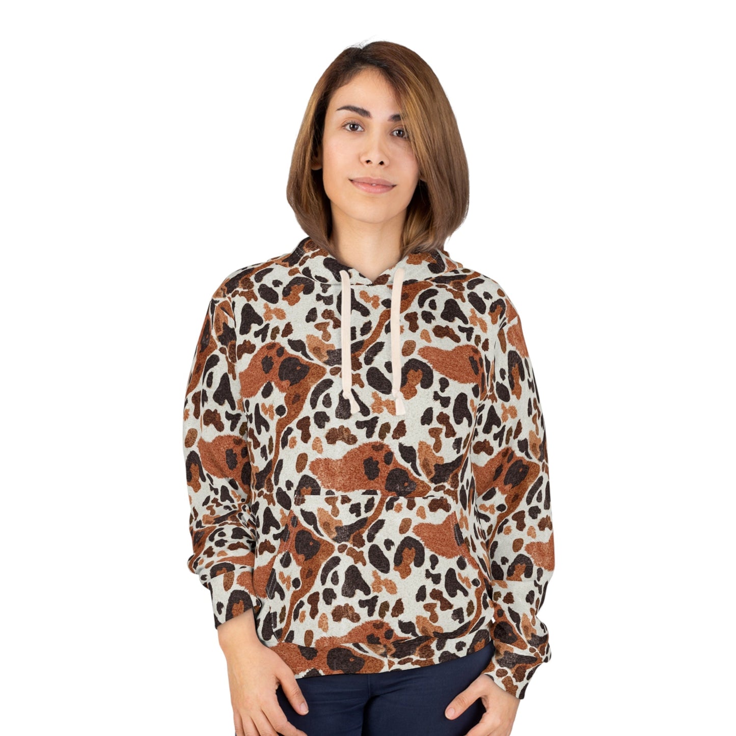 Leopard Spot AOP Pullover Hoodie for Wild Street Style Dressers — Brown Cream Animal Print, 250gsm Poly Cut-and-Sewn