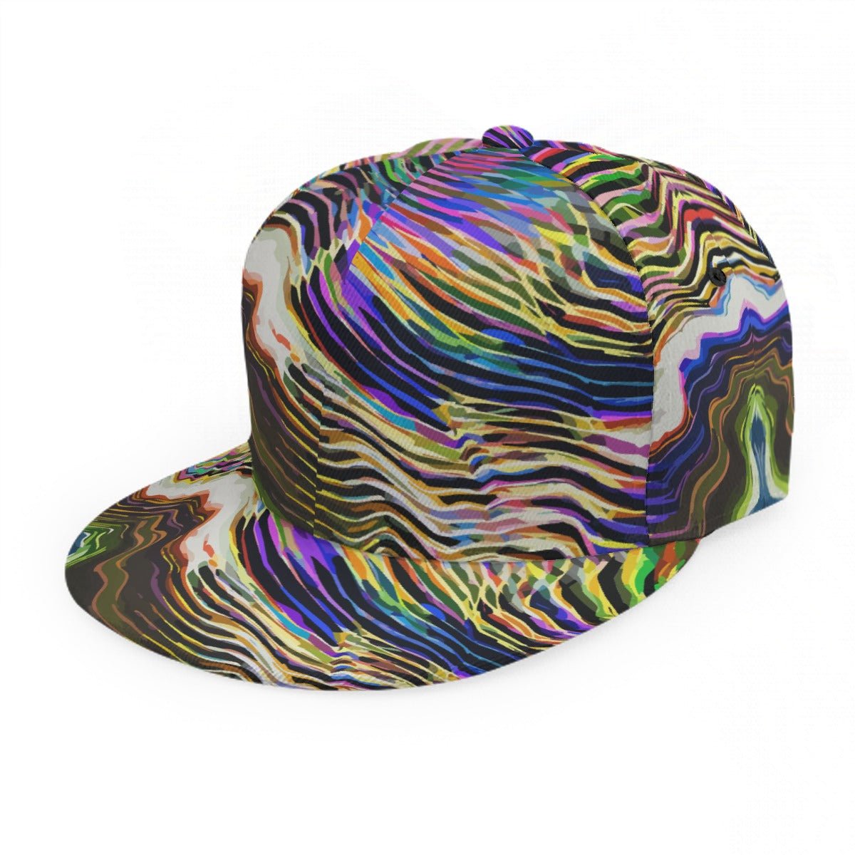 Liquid Glitch Flat Brim Cap — Warped Neon Scanline AOP Snapback for Glitchcore Streetwear Heads