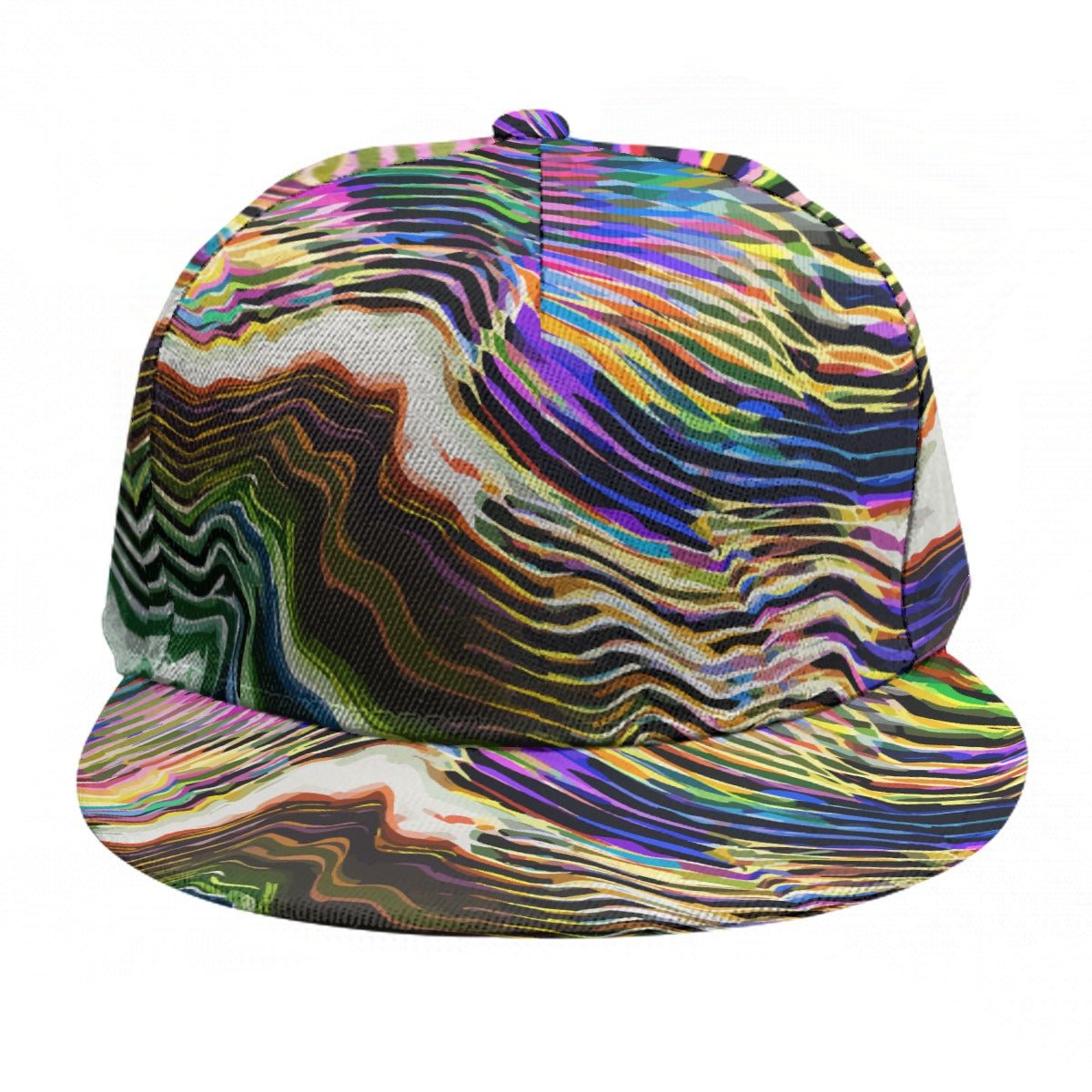 Liquid Glitch Flat Brim Cap — Warped Neon Scanline AOP Snapback for Glitchcore Streetwear Heads