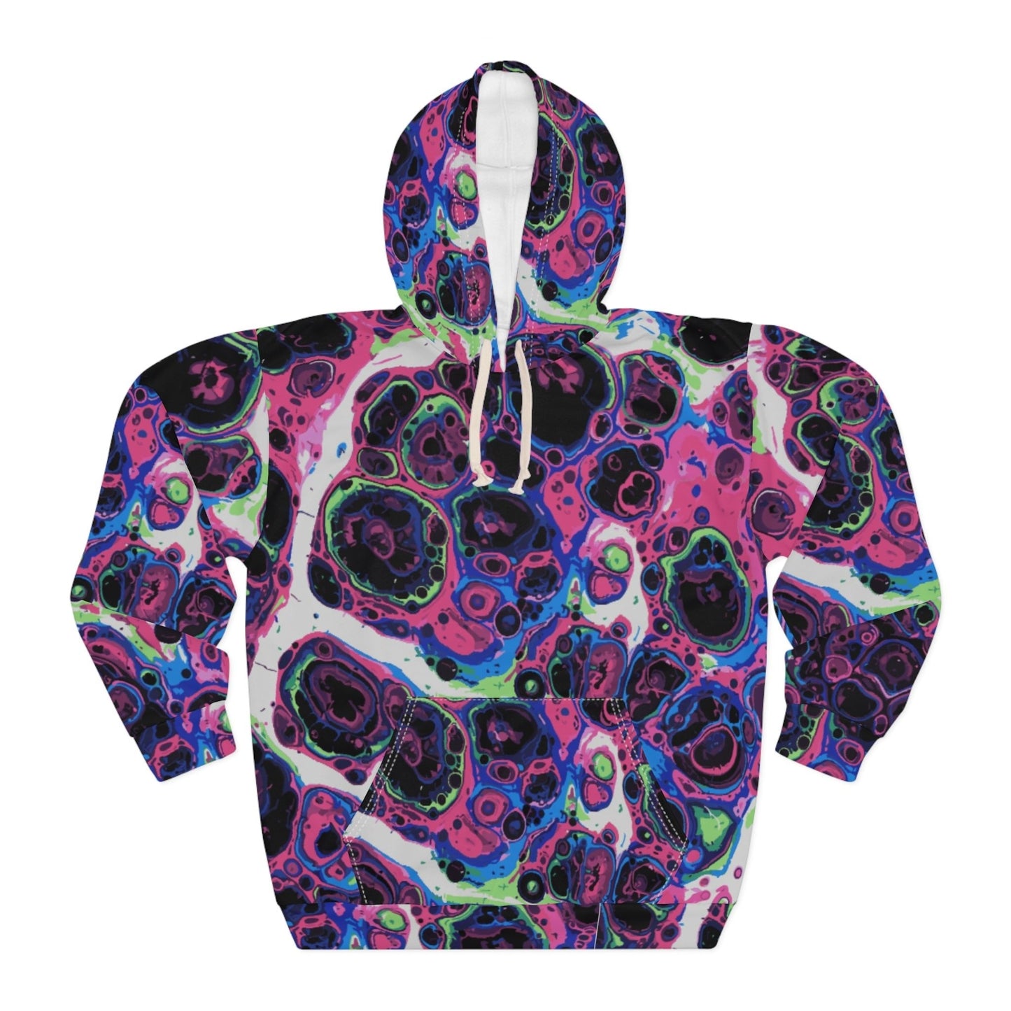 Liquid Psychedelic Neon Cellular AOP Hoodie by Dyles Mavis — Abstract Maximalist Motif Pullover, Electric Nightscape Print