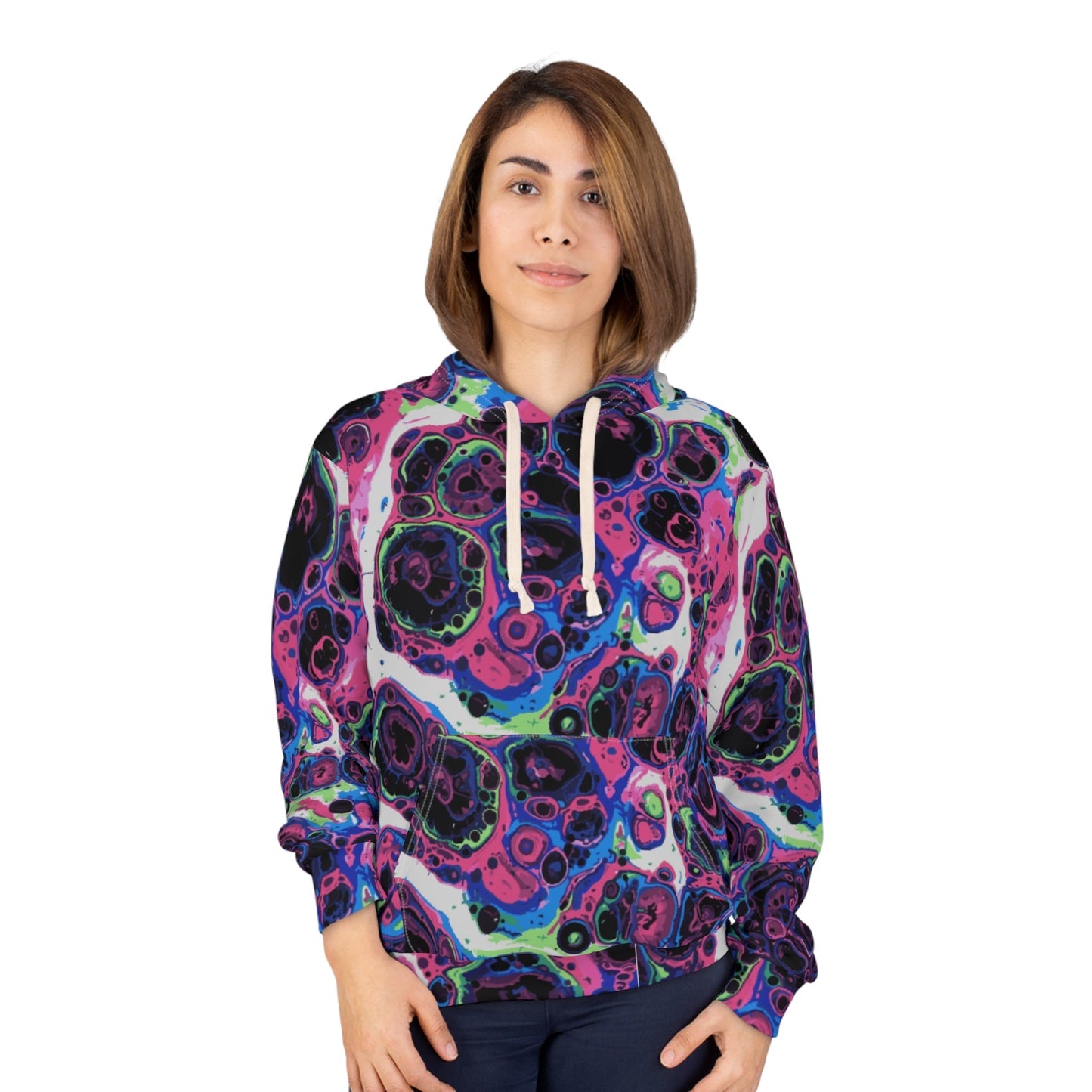 Liquid Psychedelic Neon Cellular AOP Hoodie by Dyles Mavis — Abstract Maximalist Motif Pullover, Electric Nightscape Print