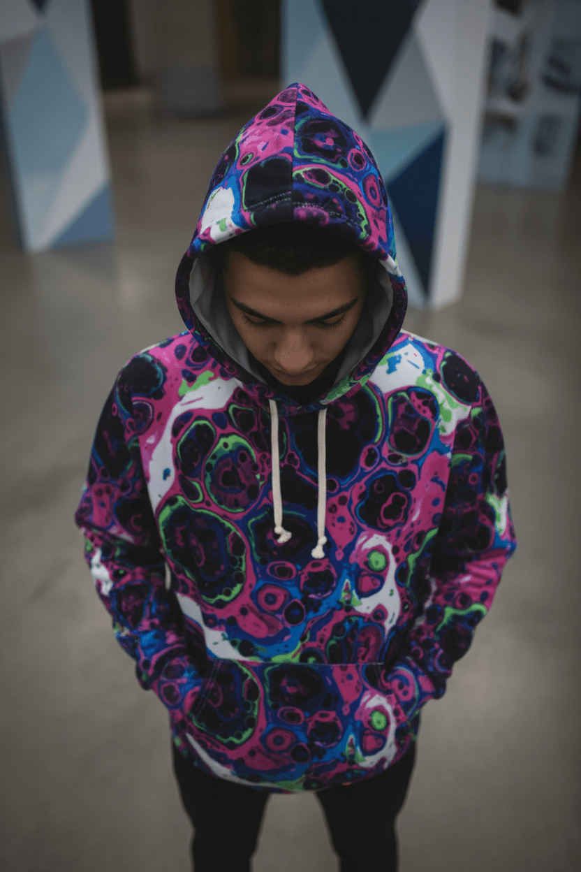 Liquid Psychedelic Neon Cellular AOP Hoodie by Dyles Mavis — Abstract Maximalist Motif Pullover, Electric Nightscape Print
