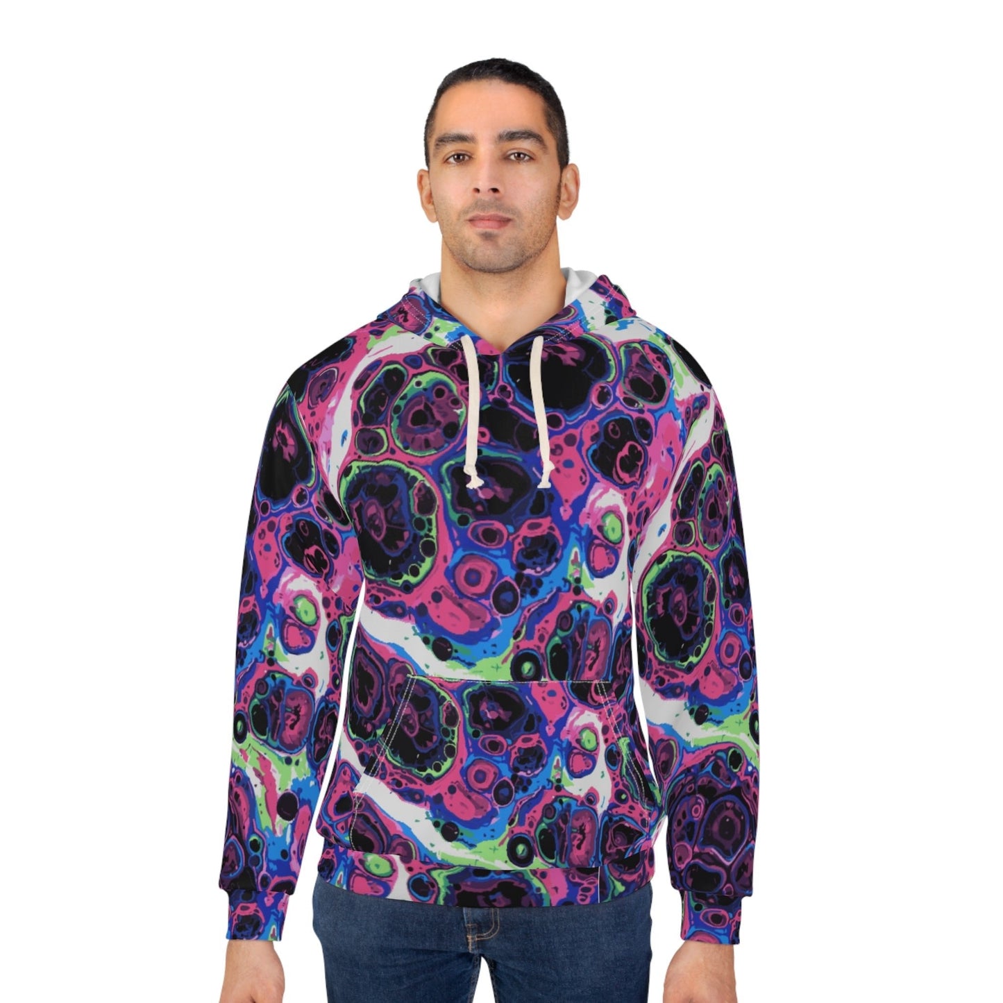 Liquid Psychedelic Neon Cellular AOP Hoodie by Dyles Mavis — Abstract Maximalist Motif Pullover, Electric Nightscape Print