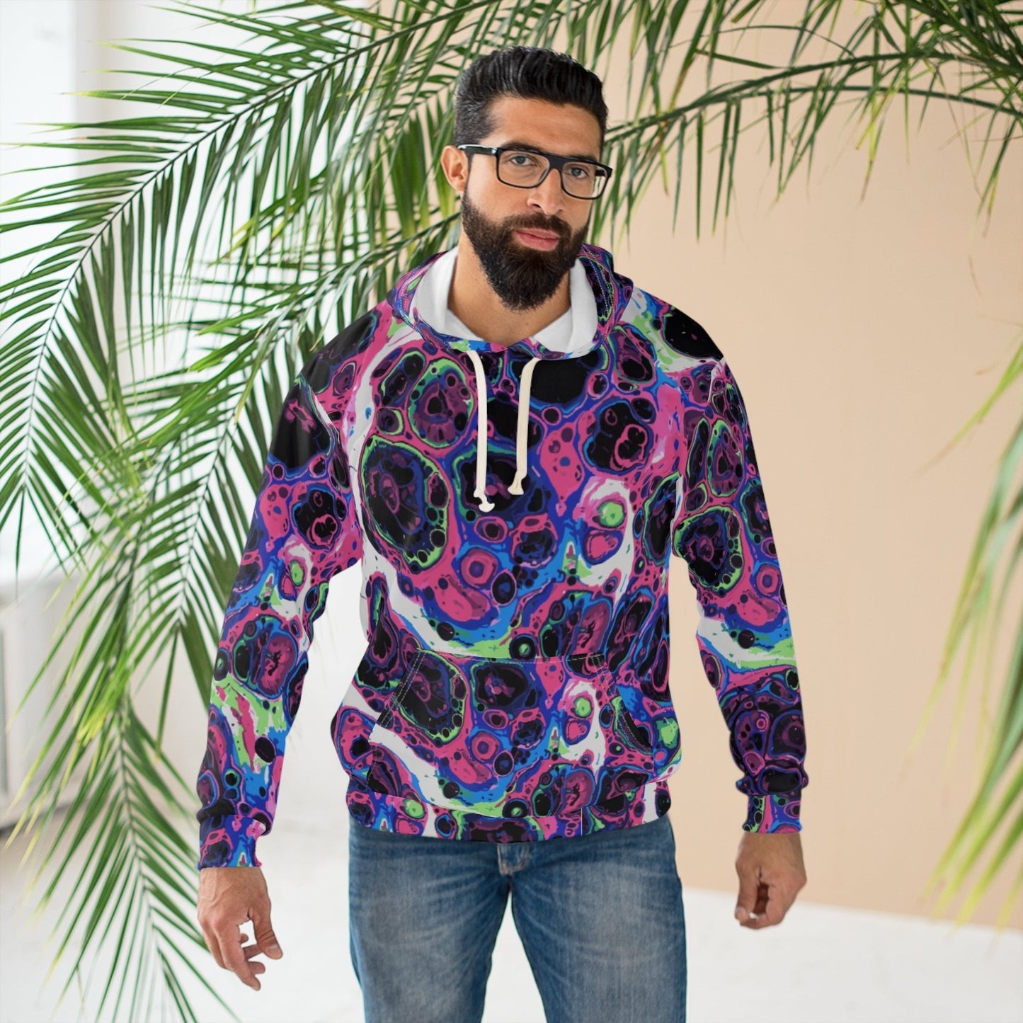Liquid Psychedelic Neon Cellular AOP Hoodie by Dyles Mavis — Abstract Maximalist Motif Pullover, Electric Nightscape Print