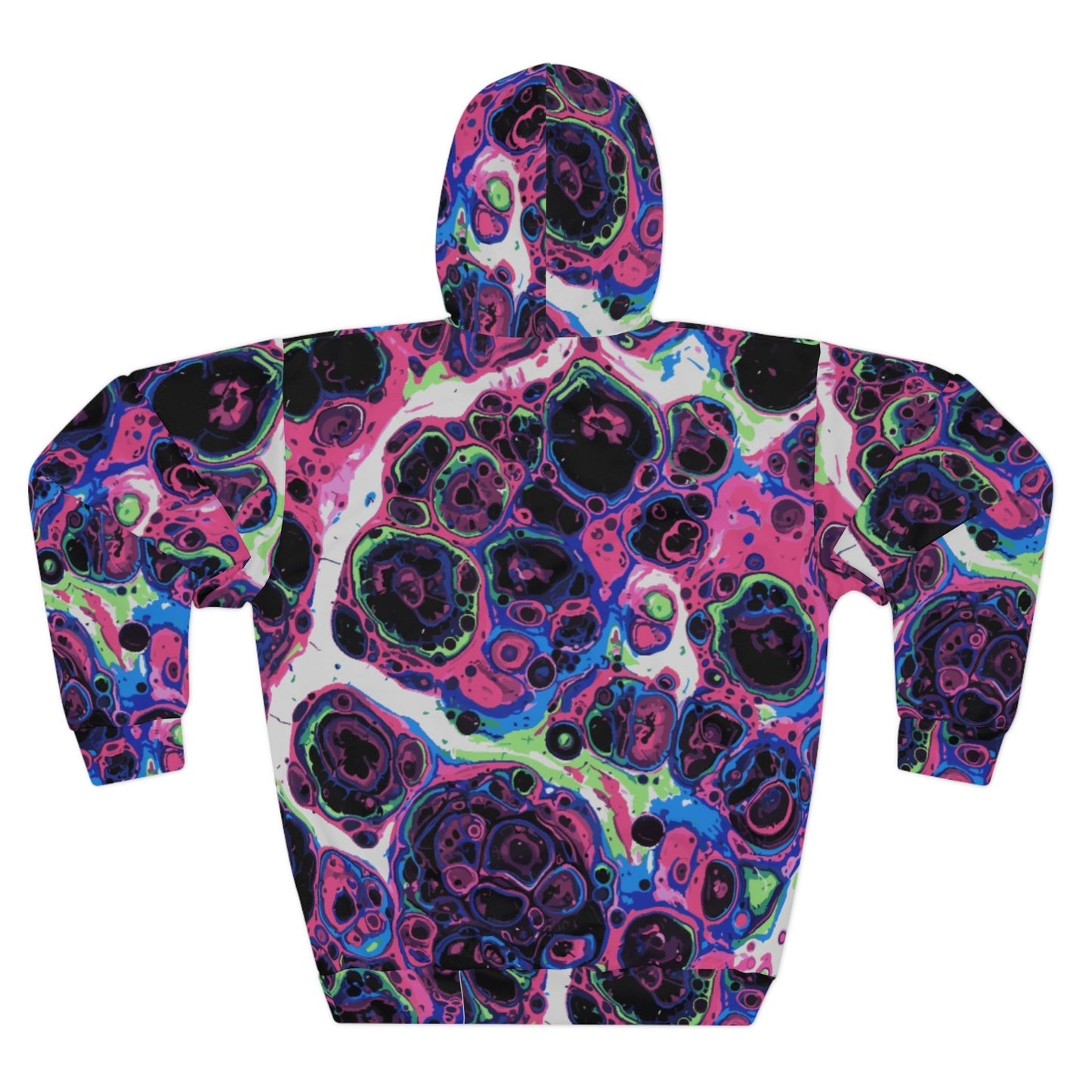 Liquid Psychedelic Neon Cellular AOP Hoodie by Dyles Mavis — Abstract Maximalist Motif Pullover, Electric Nightscape Print