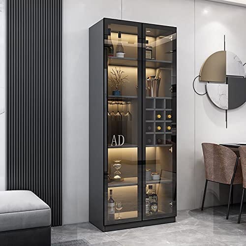 LOVDECORT 5-Tier Modern Wine Bar Cabinet with LED Lights, Sideboard Buffet Cabinet with Wine Rack and Glass Holder, Corner Home Bar for Liquor and Wine Storage, Black