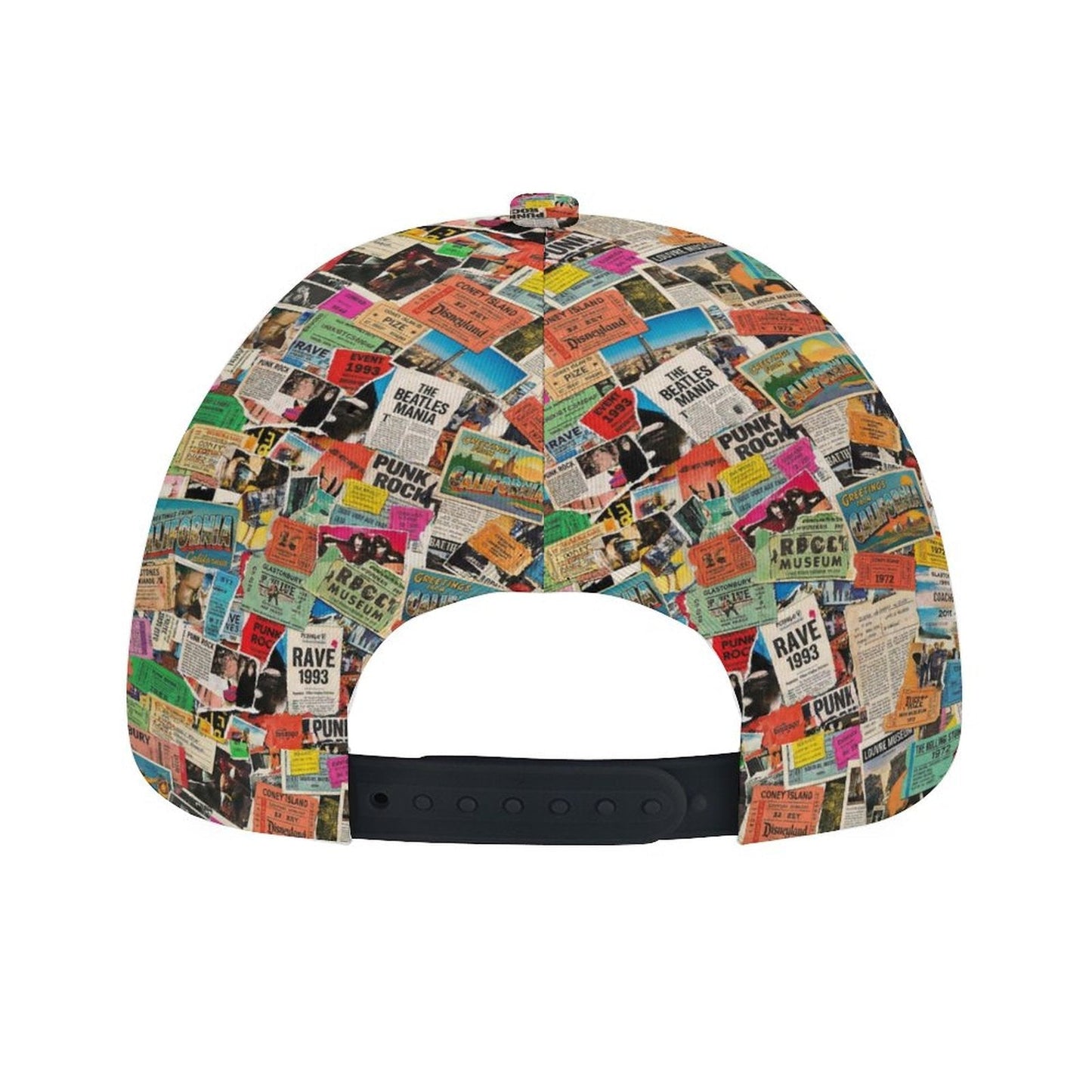 Maximalist AOP Snapback for Wanderlust Dressers — Ticket To Somewhere Bent Brim Cap, Festival Travel Hat, Streetwear Statement, Outdoor Adventure Cap
