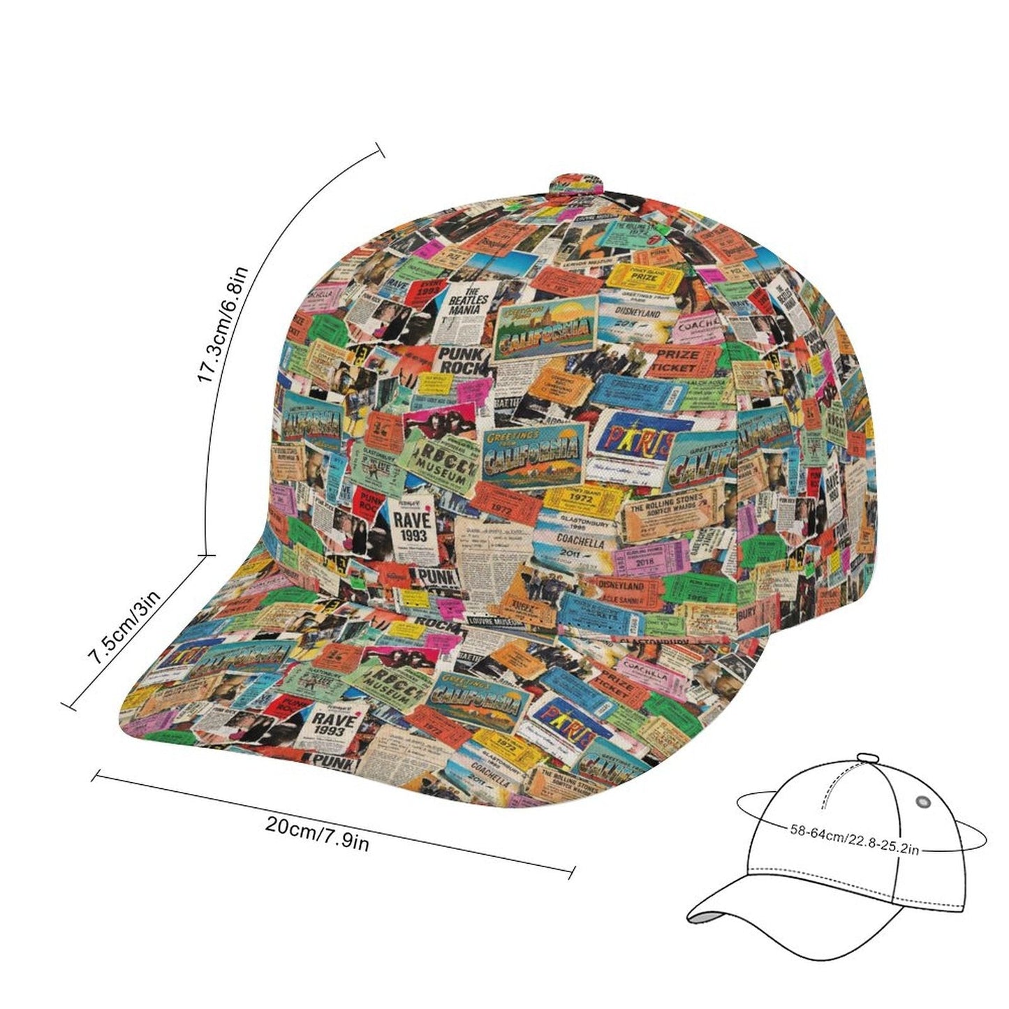 Maximalist AOP Snapback for Wanderlust Dressers — Ticket To Somewhere Bent Brim Cap, Festival Travel Hat, Streetwear Statement, Outdoor Adventure Cap