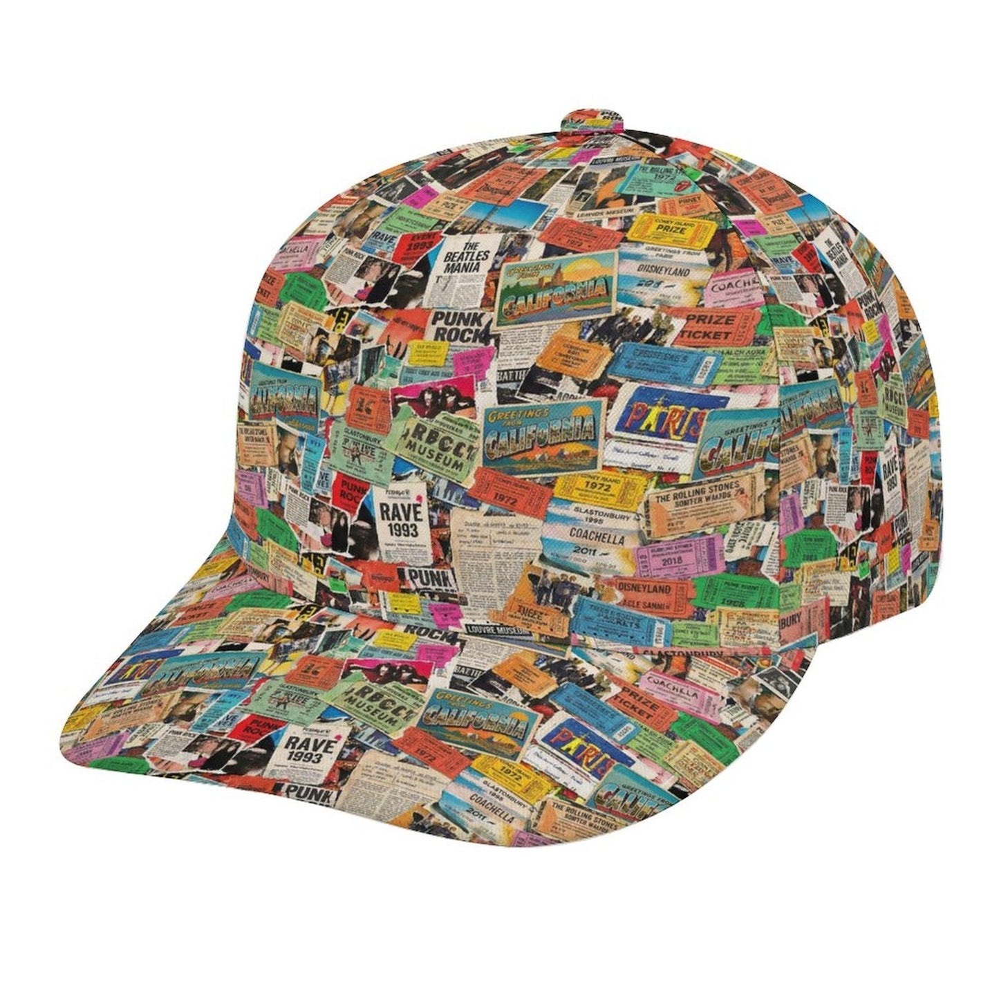 Maximalist AOP Snapback for Wanderlust Dressers — Ticket To Somewhere Bent Brim Cap, Festival Travel Hat, Streetwear Statement, Outdoor Adventure Cap