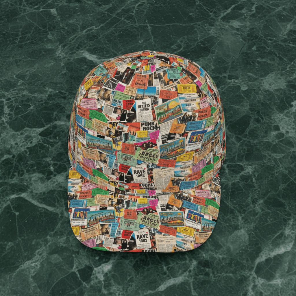 Maximalist AOP Snapback for Wanderlust Dressers — Ticket To Somewhere Bent Brim Cap, Festival Travel Hat, Streetwear Statement, Outdoor Adventure Cap