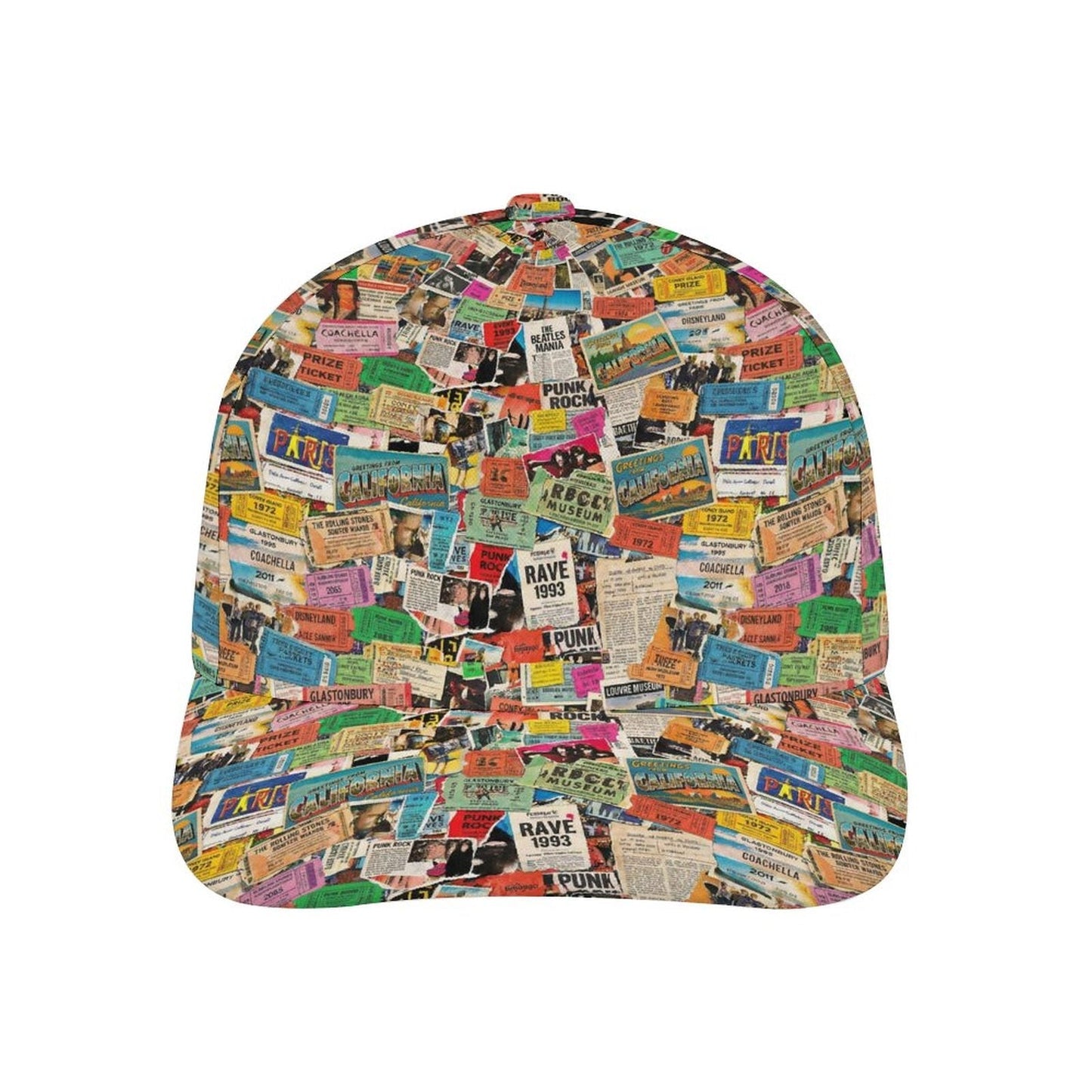 Maximalist AOP Snapback for Wanderlust Dressers — Ticket To Somewhere Bent Brim Cap, Festival Travel Hat, Streetwear Statement, Outdoor Adventure Cap