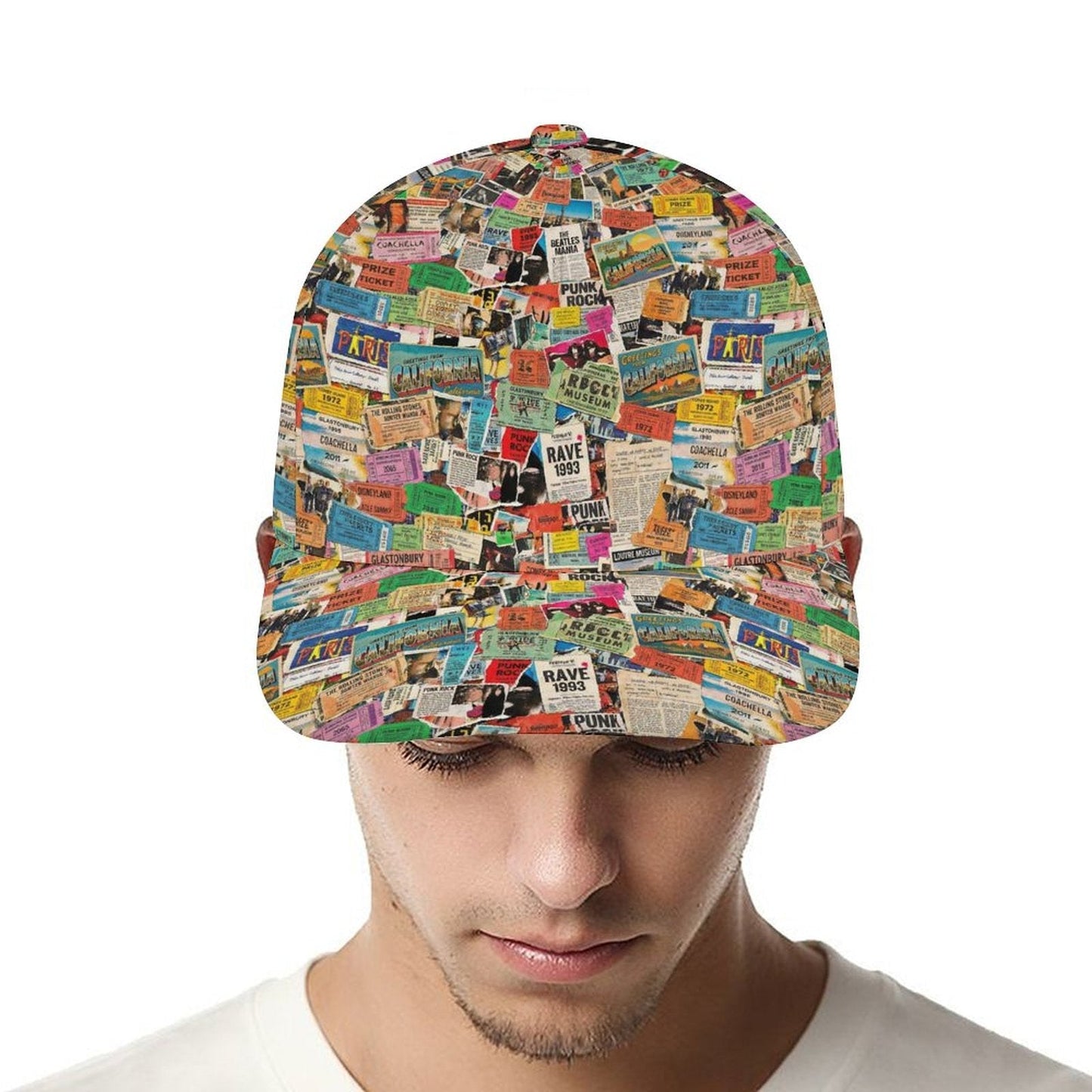 Maximalist AOP Snapback for Wanderlust Dressers — Ticket To Somewhere Bent Brim Cap, Festival Travel Hat, Streetwear Statement, Outdoor Adventure Cap