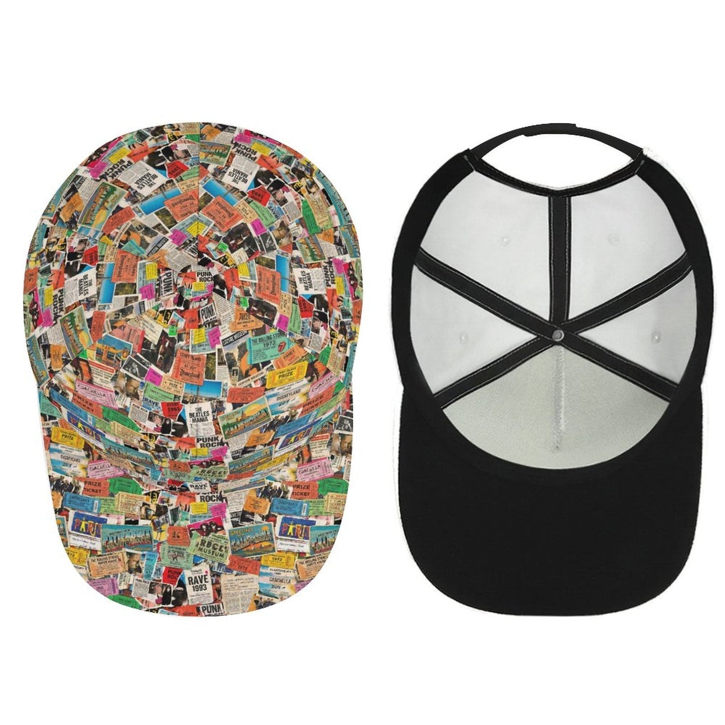 Maximalist AOP Snapback for Wanderlust Dressers — Ticket To Somewhere Bent Brim Cap, Festival Travel Hat, Streetwear Statement, Outdoor Adventure Cap