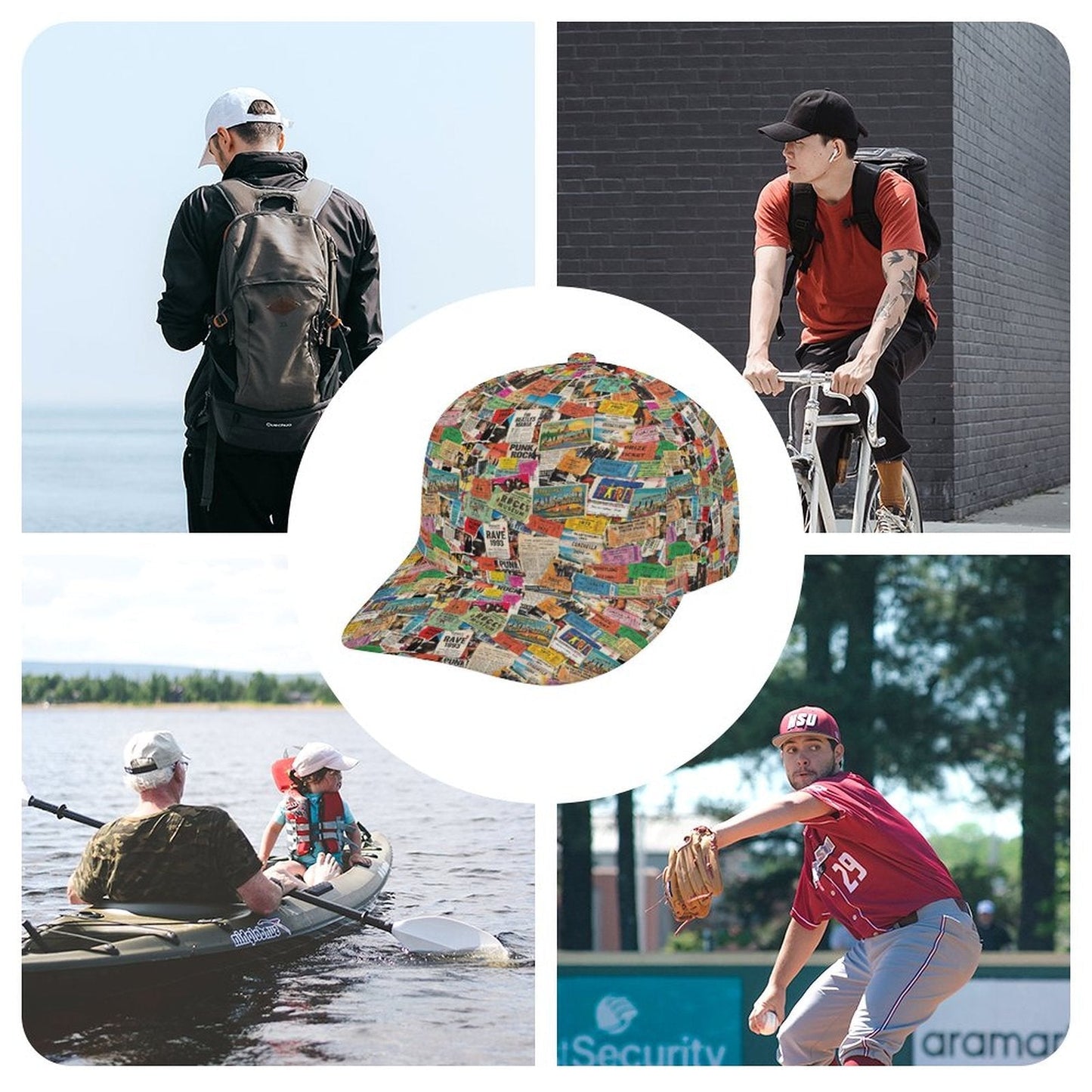 Maximalist AOP Snapback for Wanderlust Dressers — Ticket To Somewhere Bent Brim Cap, Festival Travel Hat, Streetwear Statement, Outdoor Adventure Cap