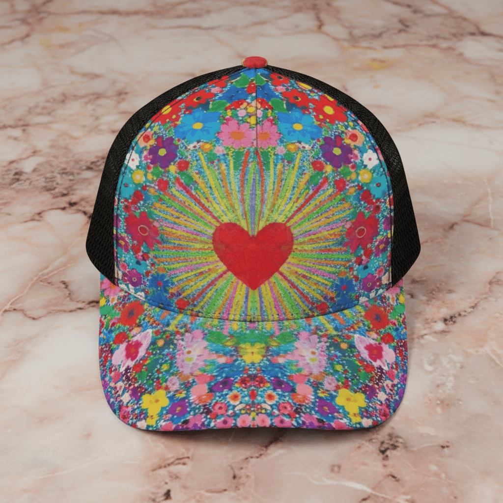 Maximalist AOP Trucker Hat | Bold All-Over Print Snapback with Black Half-Mesh for Festival & Street Style